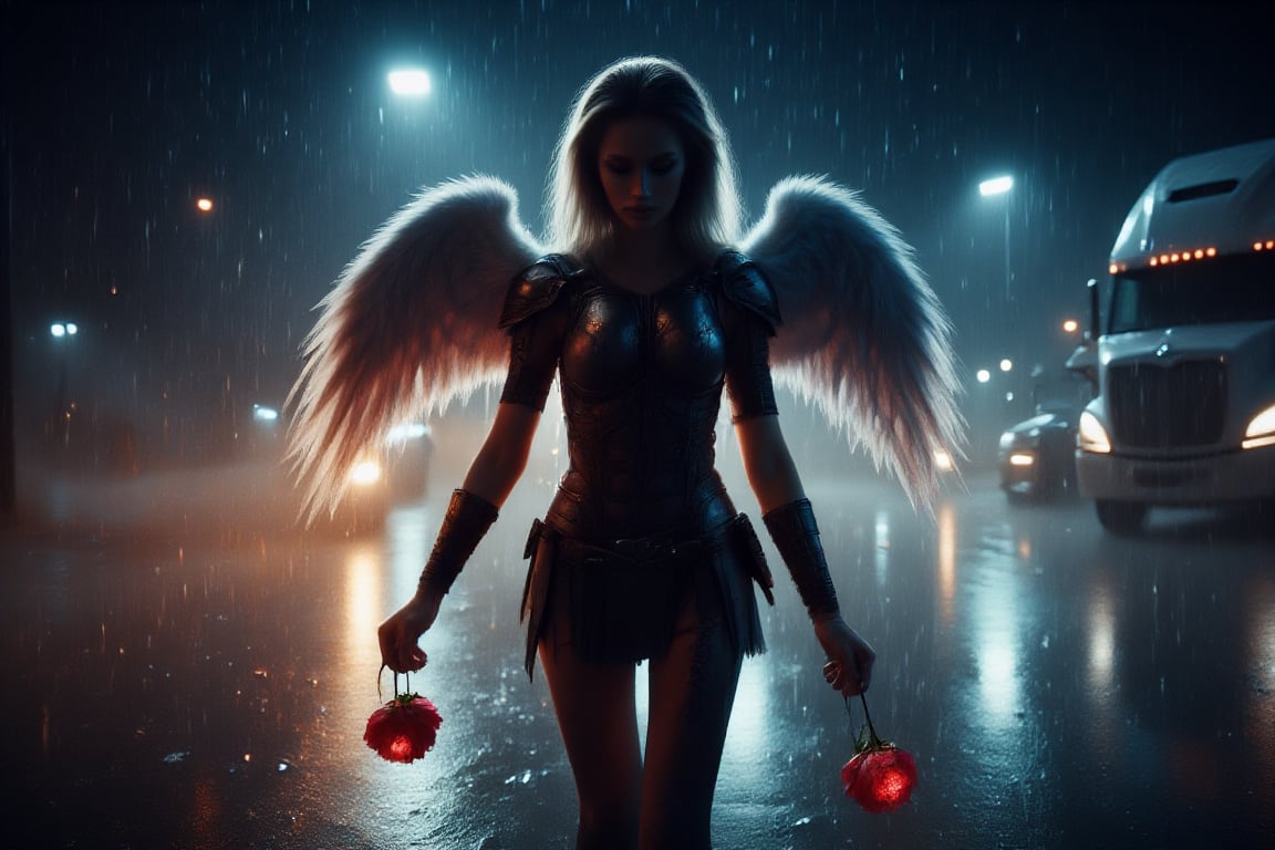 The image features a woman with angel wings, dressed in a warrior costume, walking down a rain-soaked street at night. She is carrying a glowing rose, which is prominently displayed in her hand. In the background, there is a large truck, possibly a semi, partially visible on the road. The combination of the angel wings, warrior attire, and the truck in the background creates a unique and intriguing scene. 8k uhd, dslr, raw, hdr,IllustratorFlux  style