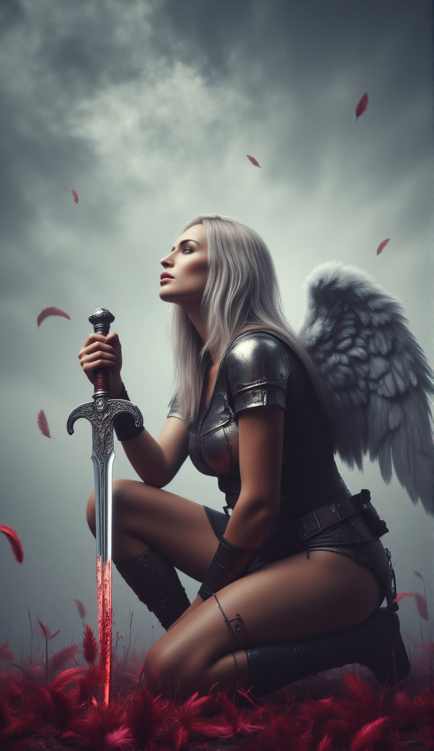 In a serene, cloud-softened backdrop, a lone figure with resplendent white hair and majestic angel wings kneels amidst a scattering of crimson feathers. Her hand firmly grasps the hilt of a gleaming sword, its blade smothered in dark bloodstains. As she lifts her gaze heavenward, her expression is torn between unwavering determination and deep anguish.