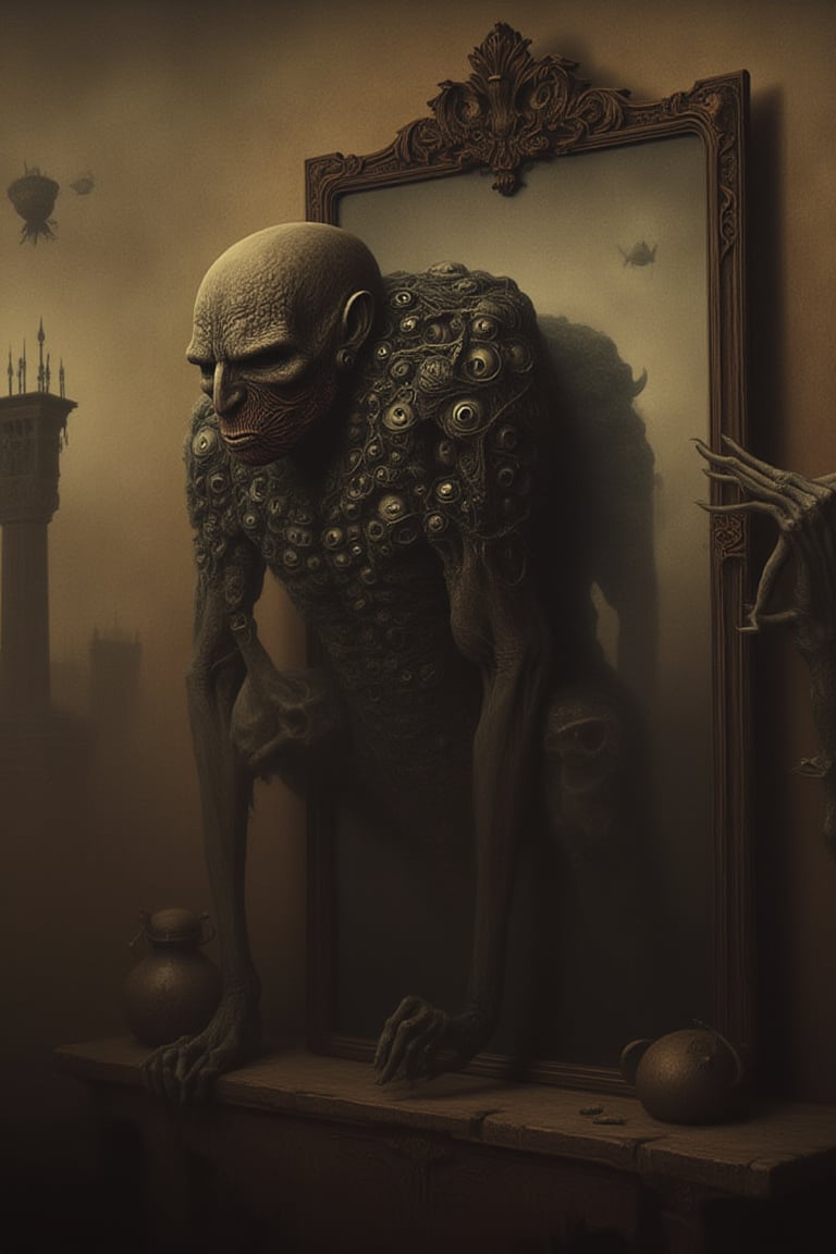 a surreal image of a grotesque humanoid creature with hundreds of eyes on its body crawling out of an antique mirror, antique mirror stands in a bizarre landscape with flying islands and absurd creatures, concept artwork by Hieronymus Bosch, Egon Schiele and Noddegamra, grey-brown colors, detailed surreal painting, trending on Midjourney, intricate shadows, splendid, masterpiece, stunning, splendid, masterpiece, 8k resolution 