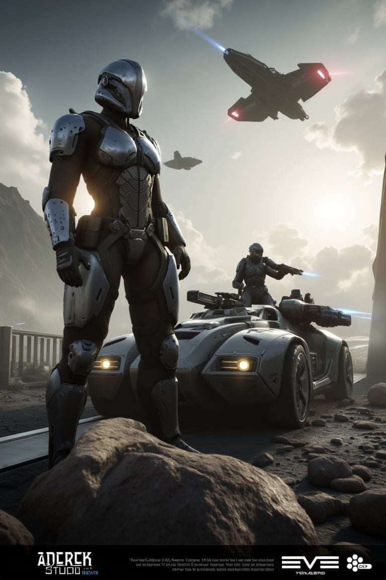  FuturisticWarrior style,,close up ((amarr heavy)) dropsuit and ((caldari LAV)) on the destroyed bridge, ((gallente dropship)) on the sky.The word "Aderek Studio" is written in white text on the bottom right corner, with the word "EVE" in a larger font size than the rest of the text.