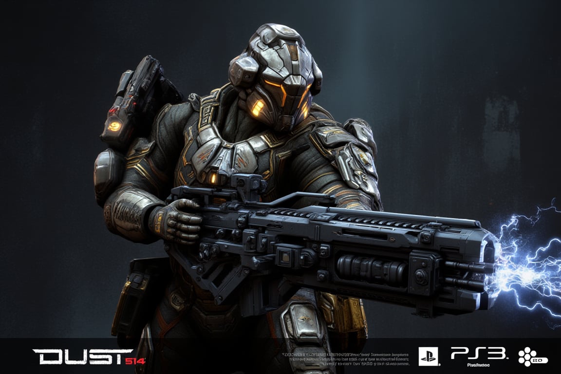 FuturisticWarrior style,,This image portrays amarr heavy, heavily armored in a high-tech, metallic exosuit. The armor is more bulky and robust, with intricate layers of plating in a silver and gray color scheme, accented by glowing yellow lines that give the suit a powerful, advanced look. The amarr heavy dropsuit's helmet is large and features a visor, adding to their intimidating presence. They are wielding an oversized, forge gun, with visible energy crackling near its muzzle, indicating it may be some kind of advanced energy. The overall scene is dark and gritty, with the background mostly obscured, adding a mysterious atmosphere. The amarr heavy's stance is firm, with both hands gripping the weapon as if preparing for combat. The "DUST 514" and PlayStation 3 logos at the bottom suggest this is part of a promotional image for the game.