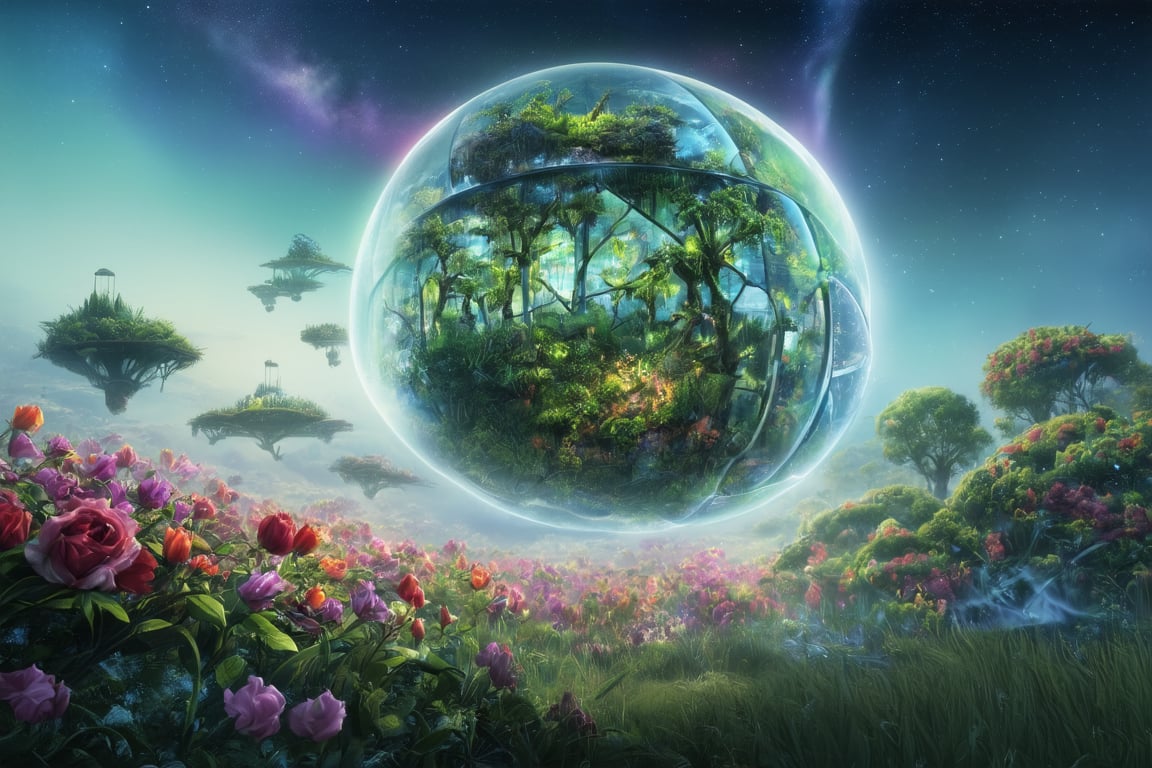 A lush planet teeming with vibrant flora. Countless flowers in full bloom cover its surface - roses, tulips, orchids, and alien blossoms in iridescent colors. Towering trees with bioluminescent leaves reach towards the sky. Orbiting the planet, a massive glass terrarium floats in space. Its geodesic structure reflects starlight. Inside, a miniature ecosystem thrives with rare plants and tiny creatures. Tendrils of mist swirl within. The planet's atmosphere shimmers with pollen and spores. Floating islands covered in hanging gardens drift by. A rainbow aurora dances in the background,hyperrealistic