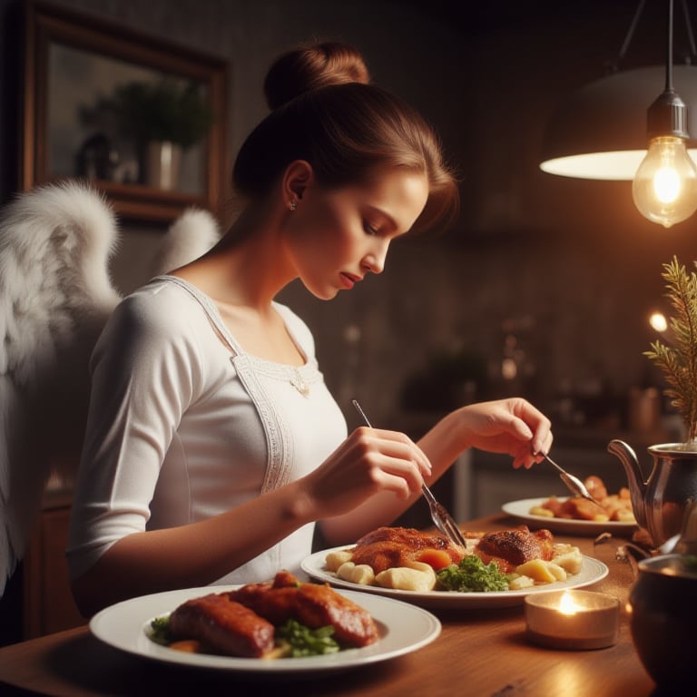 aderekangelflux, angel  in the kitchen cooking dinner