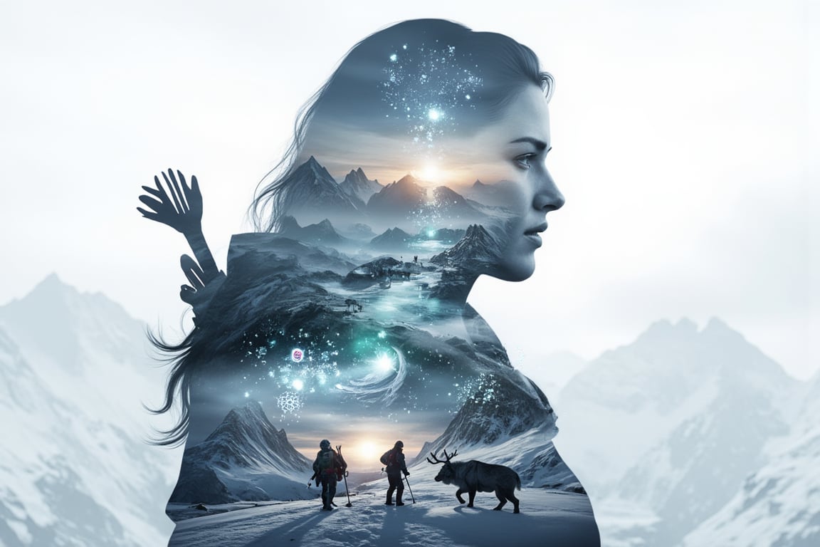 Create a majestic 8K resolution 3D double exposure artwork featuring a silhouette of Skadi, the Aderian goddess of winter, skiing, and hunting, set against a backdrop of snow-covered mountains and icy fjords. Within Skadi's form, incorporate:
Her fierce, determined expression adorned with a winter cloak and fur-lined boots
A pair of skis and a bow, symbolizing her prowess in both winter sports and hunting
Flowing hair that blends into the snowy landscape
Inside Skadi's silhouette, depict scenes of winter wilderness, hunting expeditions, and serene snowy landscapes:
Hikers and hunters navigating through snow-covered forests and mountainous terrains
Wildlife such as reindeer and wolves thriving in the icy environment
Frozen lakes and sparkling snowflakes creating a tranquil yet formidable winter scene
Use a color palette that blends:
Icy blues and crisp whites representing winter and cold
Deep silvers and grays symbolizing strength and resilience
Hints of emerald green for evergreen forests and natural beauty
The overall composition should convey strength and harmony with nature, emphasizing Skadi's role as a formidable goddess who thrives in the harshest winter conditions. Incorporate artistic styles inspired by Norse saga illustrations and contemporary alpine art, with crisp, shimmering lighting effects to enhance the majestic and serene atmosphere. Subtly integrate Norse runes and winter motifs throughout the artwork, symbolizing endurance, hunting prowess, and the beauty of winter.