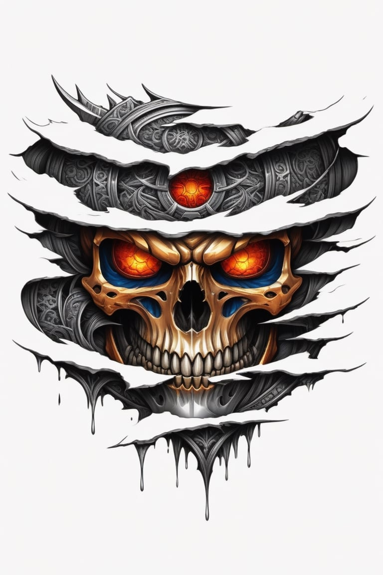 T-SHIRT DESIGN, BOALD DRAWING PEN AND INK, DETAILED LINES, A photorealistic and fantasy image of A RIPPED DESIGN SHIRT  SATAN RED EYES INSIDE, 3D ,centered, symmetry, painted, intricate,beautiful, rich deep colors masterpiece, sharp focus, ultra detailed, in the style of dan mumford and marc simonetti, - with a metallic GOLDEN orange, insanely detailed, 4k, trending on artstation, trending on artstation, sharp focus, studio photo, intricate details, highly detailed, by greg rutkowski, trending on artstation, intricate details, highly detailed, by greg rutkowski, WHITE BACKROUND, t- shirt design, bold drawing lines, define lines, highly detailed, creative illustration of an intricat medieval, 4k, digital painting, vector, color pallete of red, orange,WHITE,  blue bright color, fantasy art definition, intricat details, centered isometrict, logo style, tattoo designs, white backround