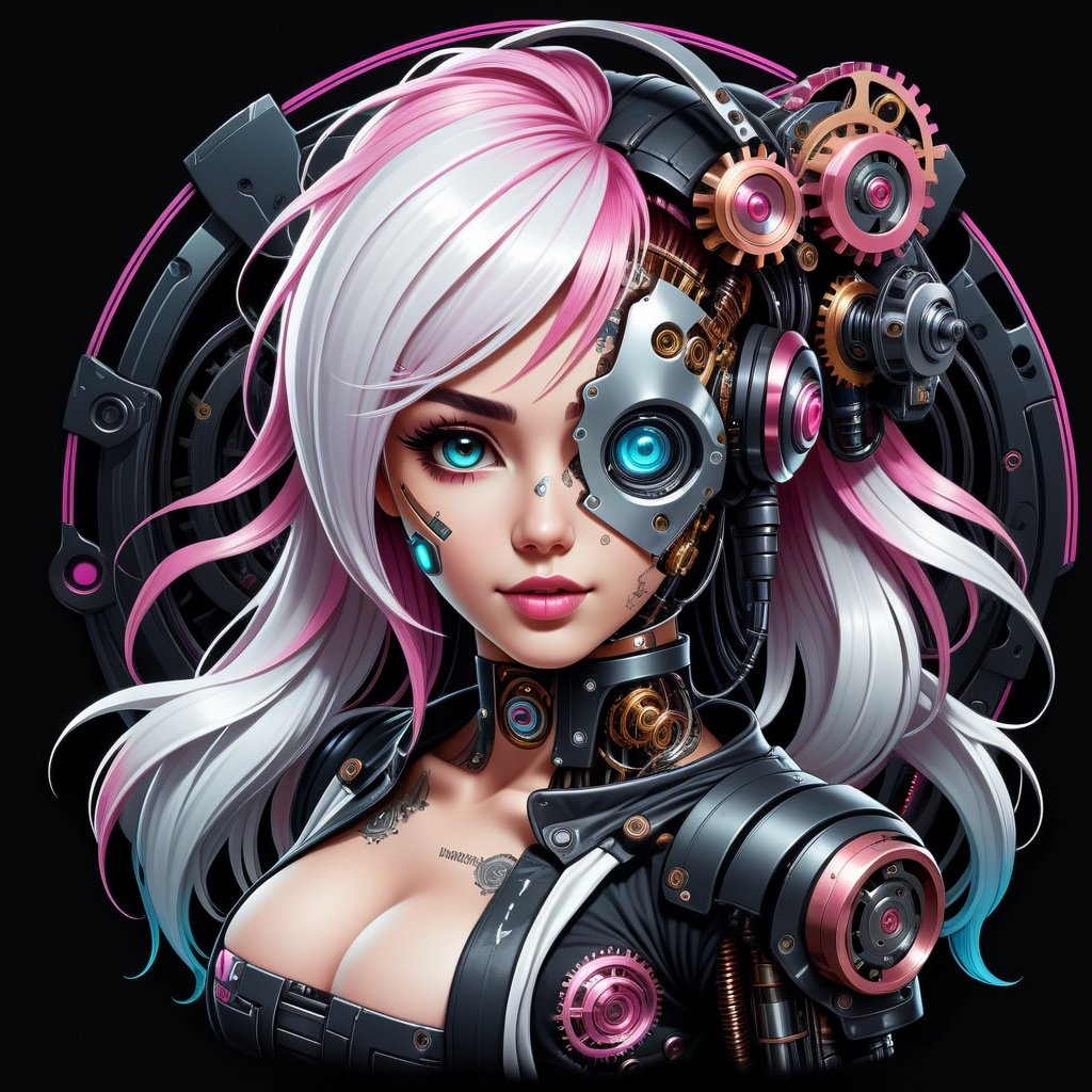 Futuristic Mechanical Elegance T-shirt design cyberpunk art, cute girl beautiful LADY, WHITE face, half body ILLUSTRATION with robotic steampunk design for old-school style tattoos, PINK HAIR, black BACKROUND, logo type , centred isometric 