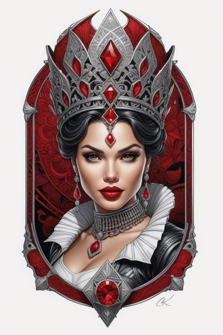 T-SHIRT DESIGN, BOLD DRAWING PEN AND INK,DETAILED LINES,A photorealistic and fantasy image of the  Beautiful woman with a custom of Queen of DIAMOND, red lipstick, crupie,  By Rodrigo, trending on artstation, sharp focus, studio photo, intricate details, highly detailed, by greg rutkowski ,insanely detailed, 4k, trending on artstation, trending on artstation, sharp focus, studio photo, intricate details, highly detailed, by greg rutkowski, trending on artstation, intricate details, highly detailed, by greg rutkowski, WHITE BACKROUND,t- shirt design, bold drawing lines, define lines,highly detailed, creative illustration of an intricat misometrict , logo style , tattoo designs, white backround