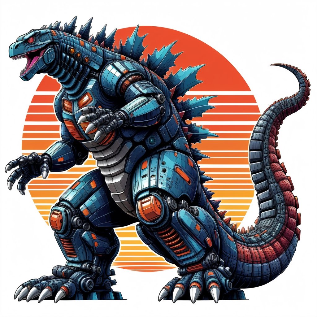 Vector engraving drawing illustration in VIBRANT COLOR, a vector PHOTO realistic of robotic GODZILLA and isolated on white background, vibrant color, very detailed 4K centered image, LOGO TYPE 