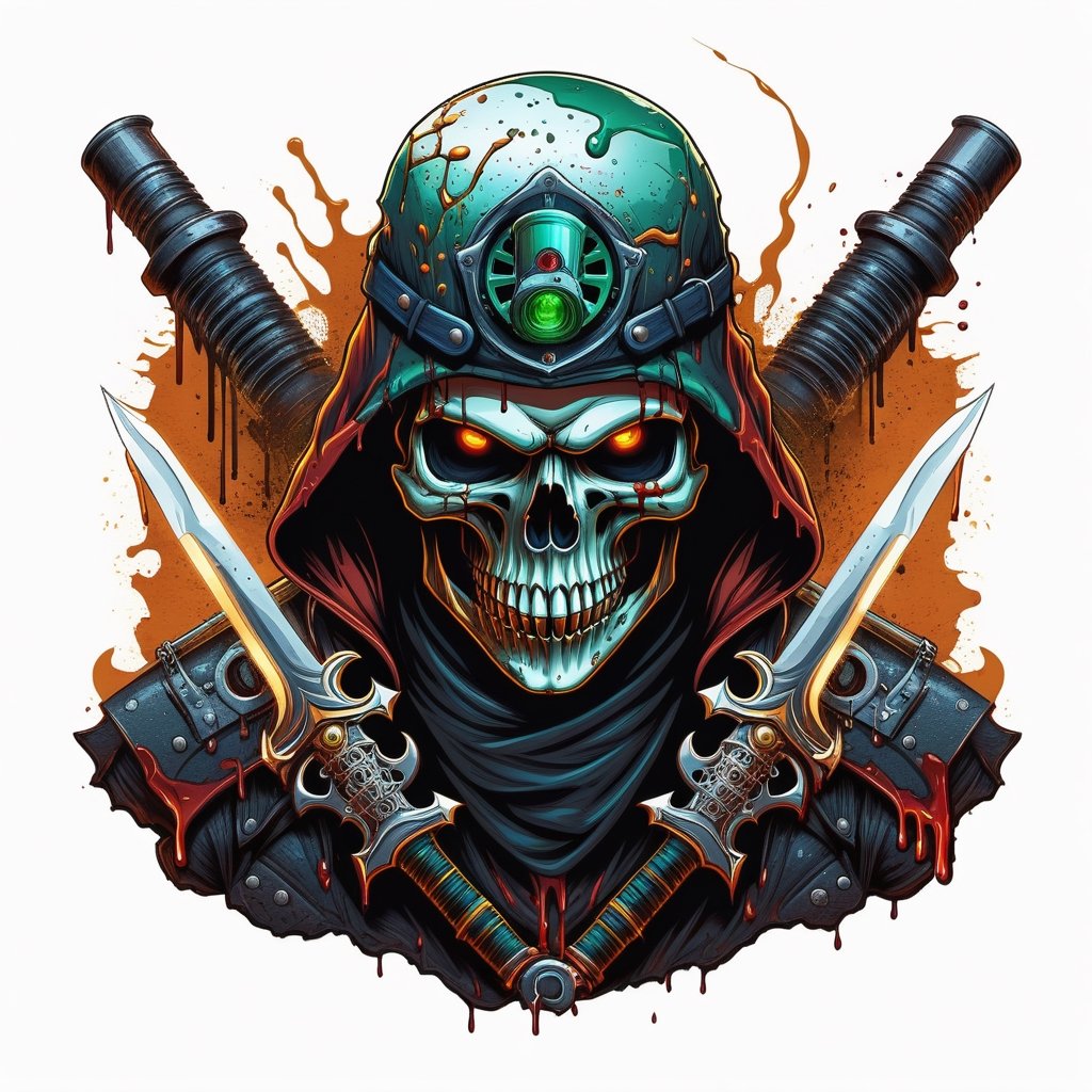  red eye skull rusty orange and gold, green, blue,  Illustration style, print ready vector t-shirt design, illustration of SCARY skull with  blood dripping  , professional vector, high detail, t-shirt design, graffiti, vibrant COLOR ,highly detailEd, bold drawing pen and ink, perfect composition, beautiful detailed intricate insanely detailed , cartoon type, comic book, STEAMPUNK ART, 