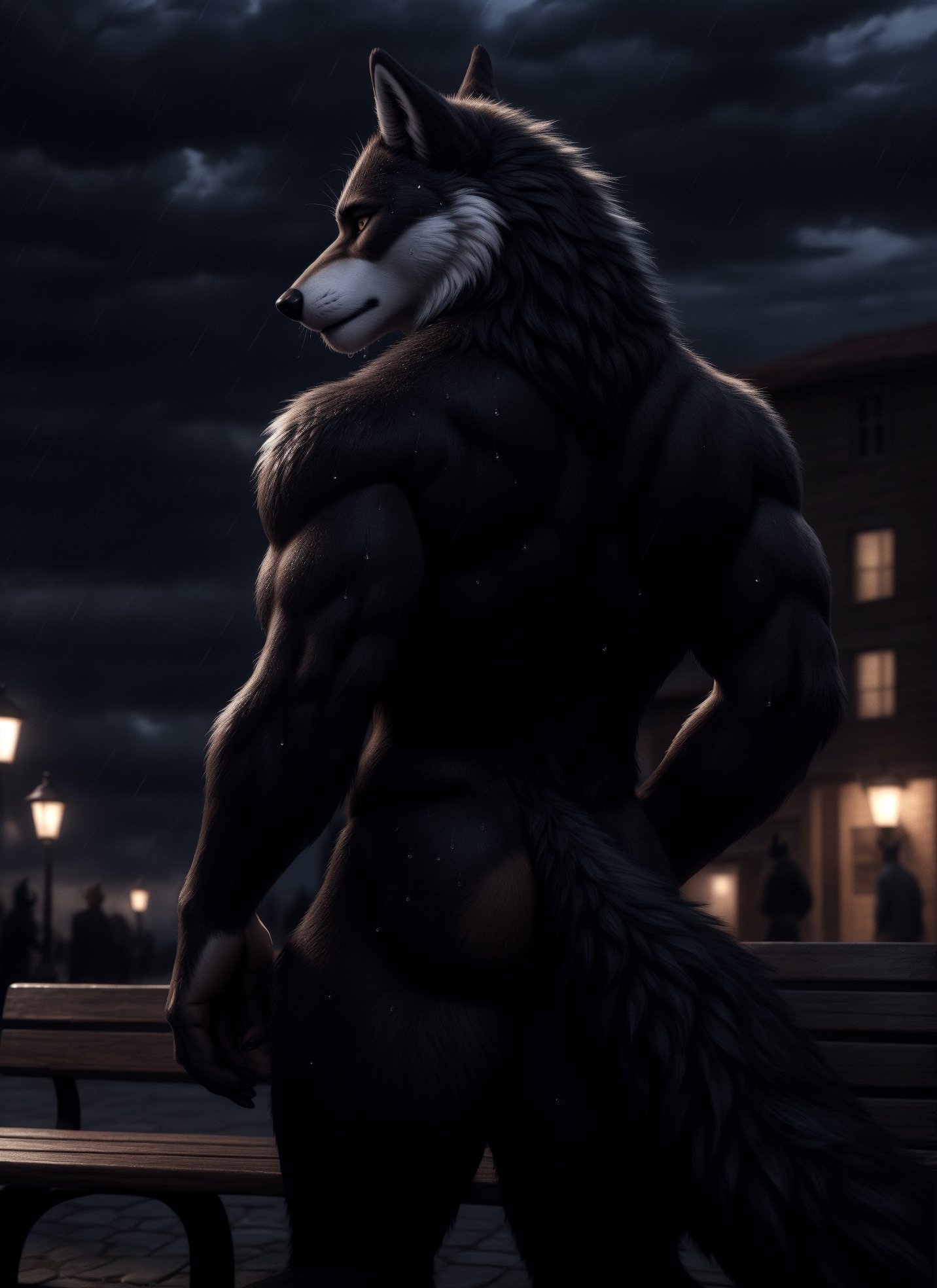 realistic, anthropomorphic, muscular, anthro wolf with tail, yellow eyes, furry tail furry, (by personalami:0.5), zcik, (soft shading), 4k, hi res, detailed eyes, 8k eyes, eyes focus, colorful eyes, sweat, long tails, muscular, handsome, tails shown, anthro males in the background shown clearly, depressed expression, bruises, standing in front of bench, gun in hand, thinking about something, rain pouring down, eerie weather, sad