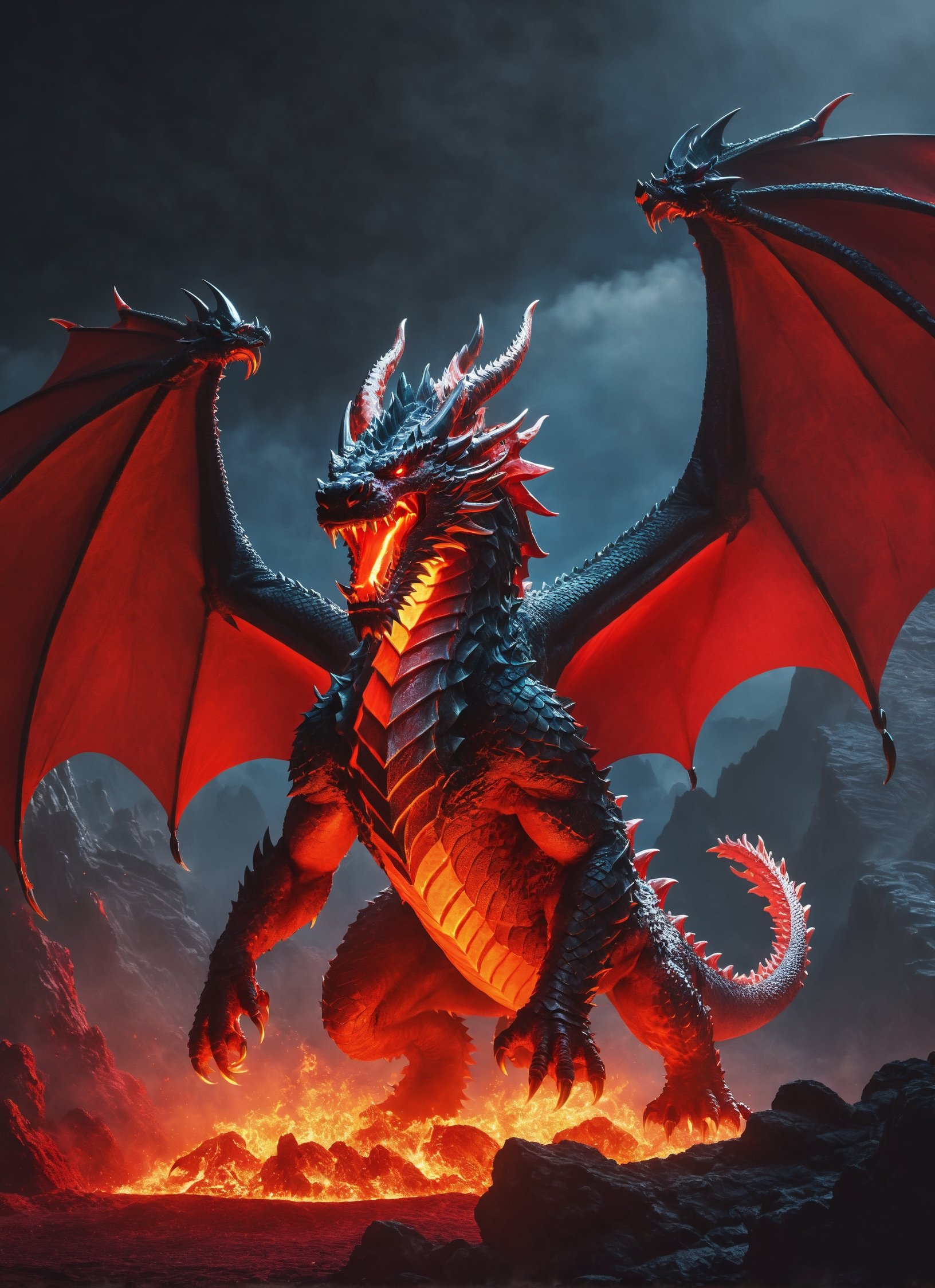 ((giant monstrous 3 headed red dragon)), movie scene, knight fighting dragon, lava, flaming tail, lava sputtering from ground, cool, red glowing eyes (masterpiece), (extremely complex: 1.3), highly detaited, 8k, 1000mp, ultra sharp, realistic, detailed body, 4k body, 4k detailed, beautiful lighting, (fully body in frame), castle,