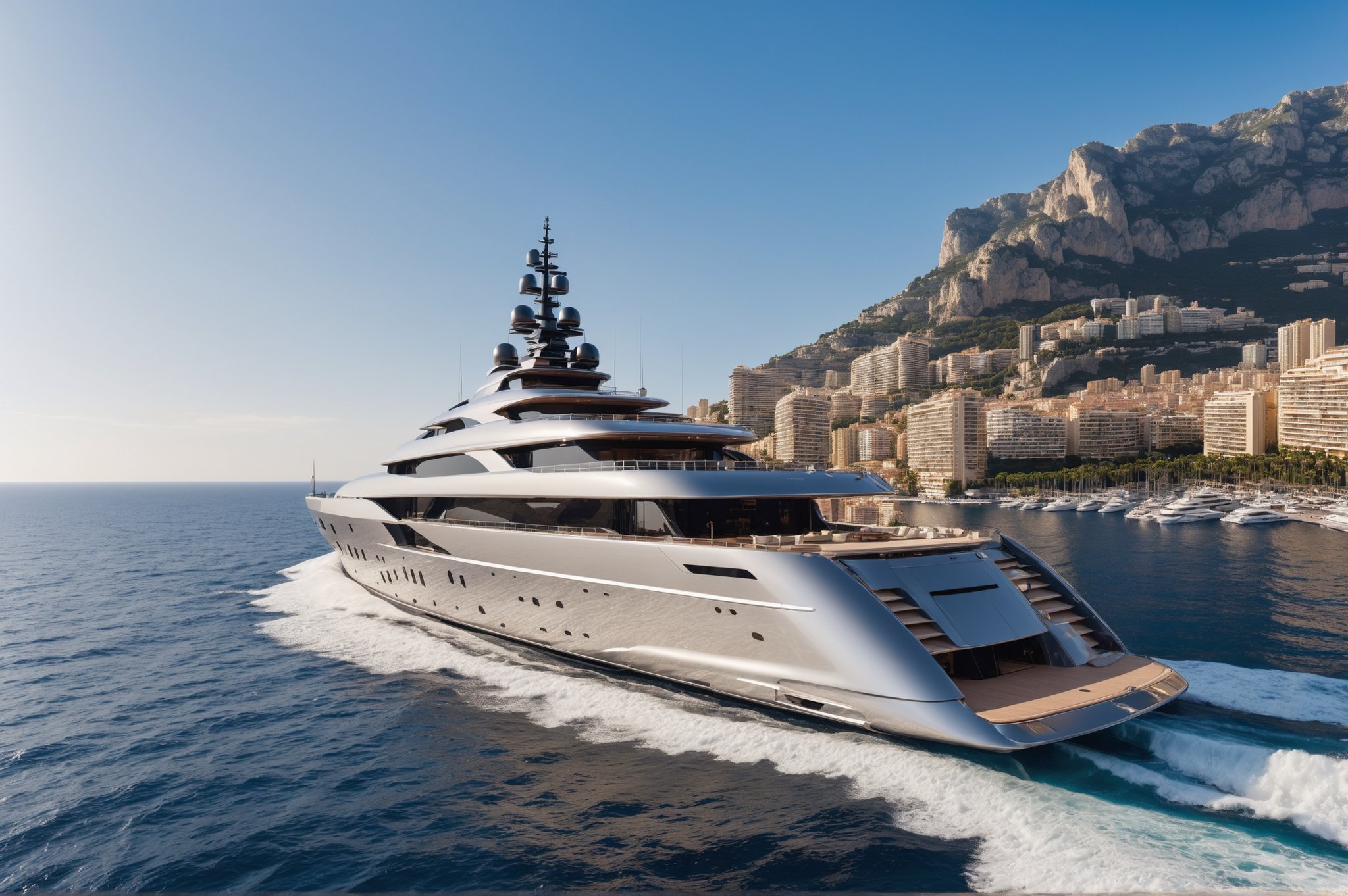  photograph of 512 feet super yacht in monaco, cool, ,full yacht in frame, highly detaited, 8k, 1000mp, ultra sharp, master peice, realistic, detailed exterior, 4k body, 4k detailed, beautiful skyline scenery, realism, realistic yacht, 