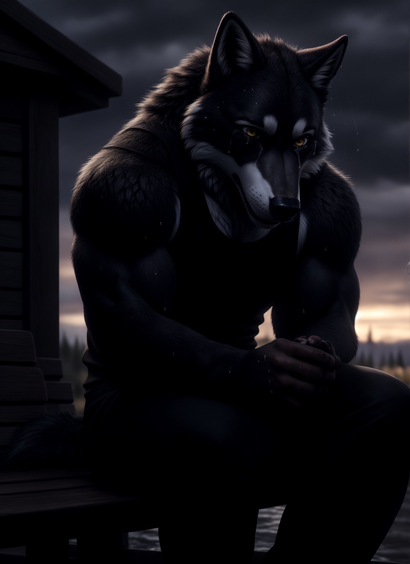 sad, depressed, realistic, anthropomorphic, muscular, anthro wolf with tail, yellow eyes, furry tail furry, (by personalami:0.5), zcik, (soft shading), 4k, hi res, detailed eyes, 8k eyes, eyes focus, colorful eyes, sweat, long tails, muscular, handsome, tails shown, anthro males in the background shown clearly, depressed expression, bruises on arms, sitting on bench, holding hand to head, suicidal thoughts, rain pouring down, eerie weather, tears from eyes, white tank top, black shorts, face blush, crying out in pain, open mouth, pain from a broken heart,