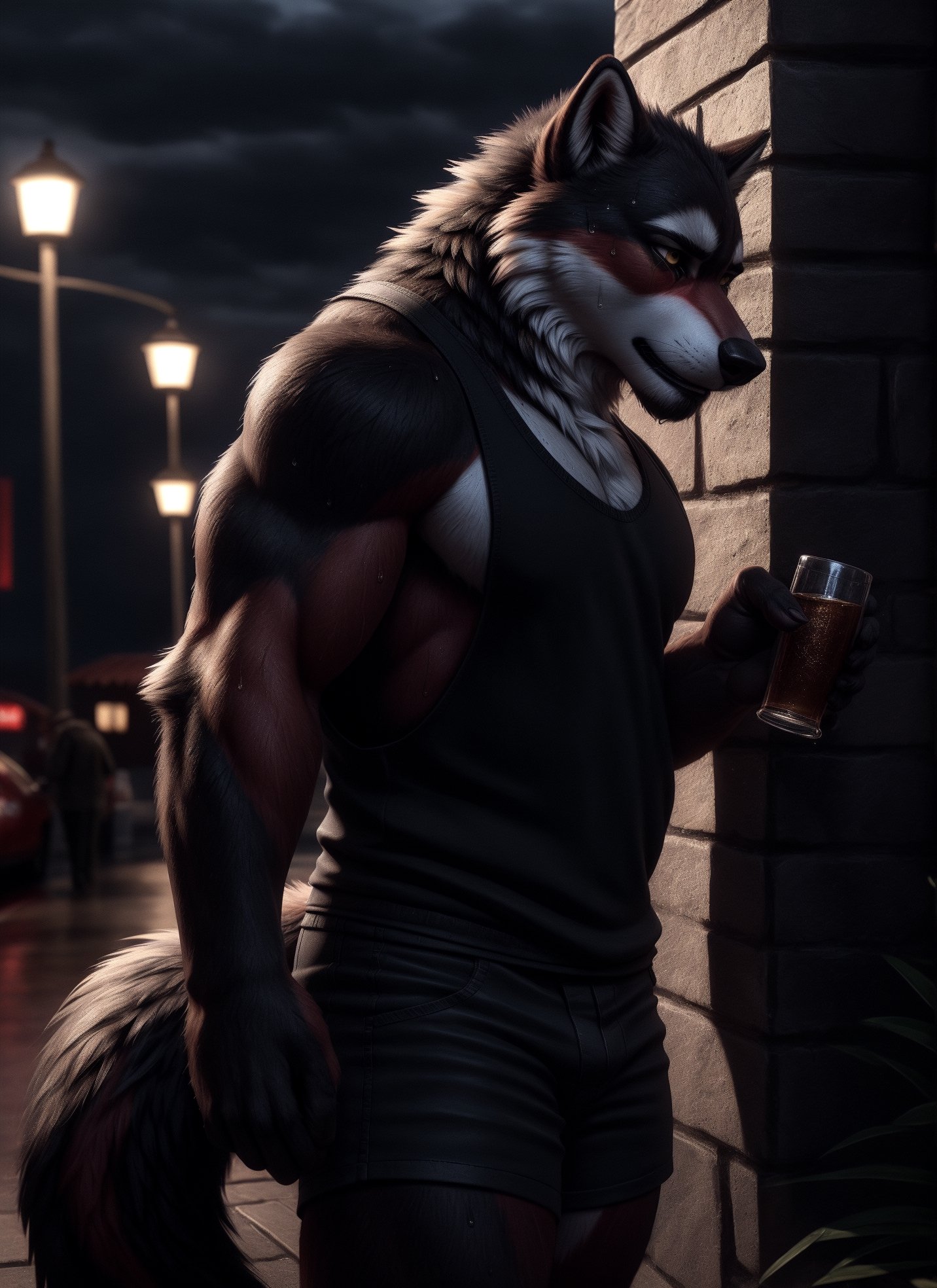 sad, drunk, depressed, realistic, anthropomorphic, muscular, anthro wolf with tail, yellow eyes, furry tail furry, (by personalami:0.5), zcik, (soft shading), 4k, hi res, detailed eyes, 8k eyes, eyes focus, colorful eyes, sweat, long tails, muscular, handsome, tails shown, anthro males in the background shown clearly, depressed expression, bruises on arms, standing in front of bench, gripping gun in hand, thinking about something, rain pouring down, eerie weather, tears from eyes, tank top, shorts, red face blush 