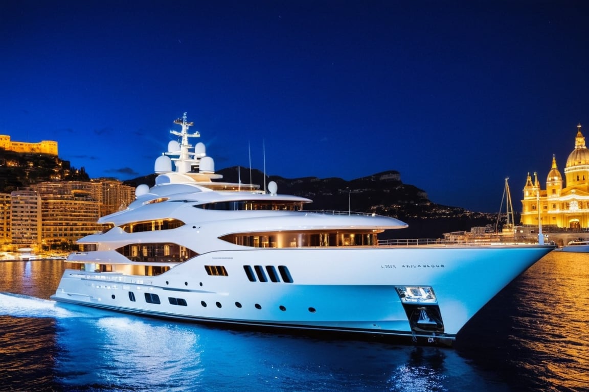 masterpiece, best quality, Wide angle product ultra detailed photo of a 156 meter super yacht in monaco. The yacht is ultra realistic. the weather is overcast, perfect simetry, ultra shaper, 35mm photography, professional, 8k, highly detailed, extremely realistic., Movie still, night time, blue led yacht lights, 3 levels only, helipad with helicopter shown static 