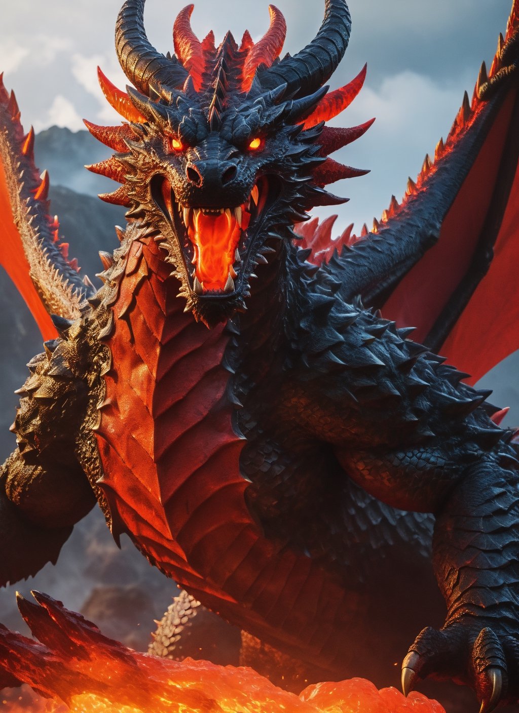 giant monstrous dragon, movie scene, lava, fiery red dragon, flaming tail, lava sputtering from ground, cool, red glowing eyes (masterpiece), (extremely complex: 1.3), highly detaited, 8k, 1000mp, ultra sharp, realistic, detailed body, 4k body, 4k detailed, beautiful lighting, (fully body in frame), castle,