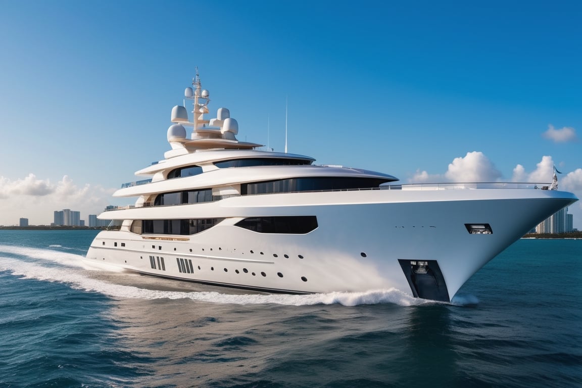 RAW photograph of mega yacht in Miami, cool, asthetic, ,full yacht in frame, full yacht in picture, by lurssen yachts, leviathanis logo, highly detaited, 8k, 1000mp,ultra sharp, master peice, realistic, detailed exterior, 4k body, 4k detailed, beautiful lighting, white exterior