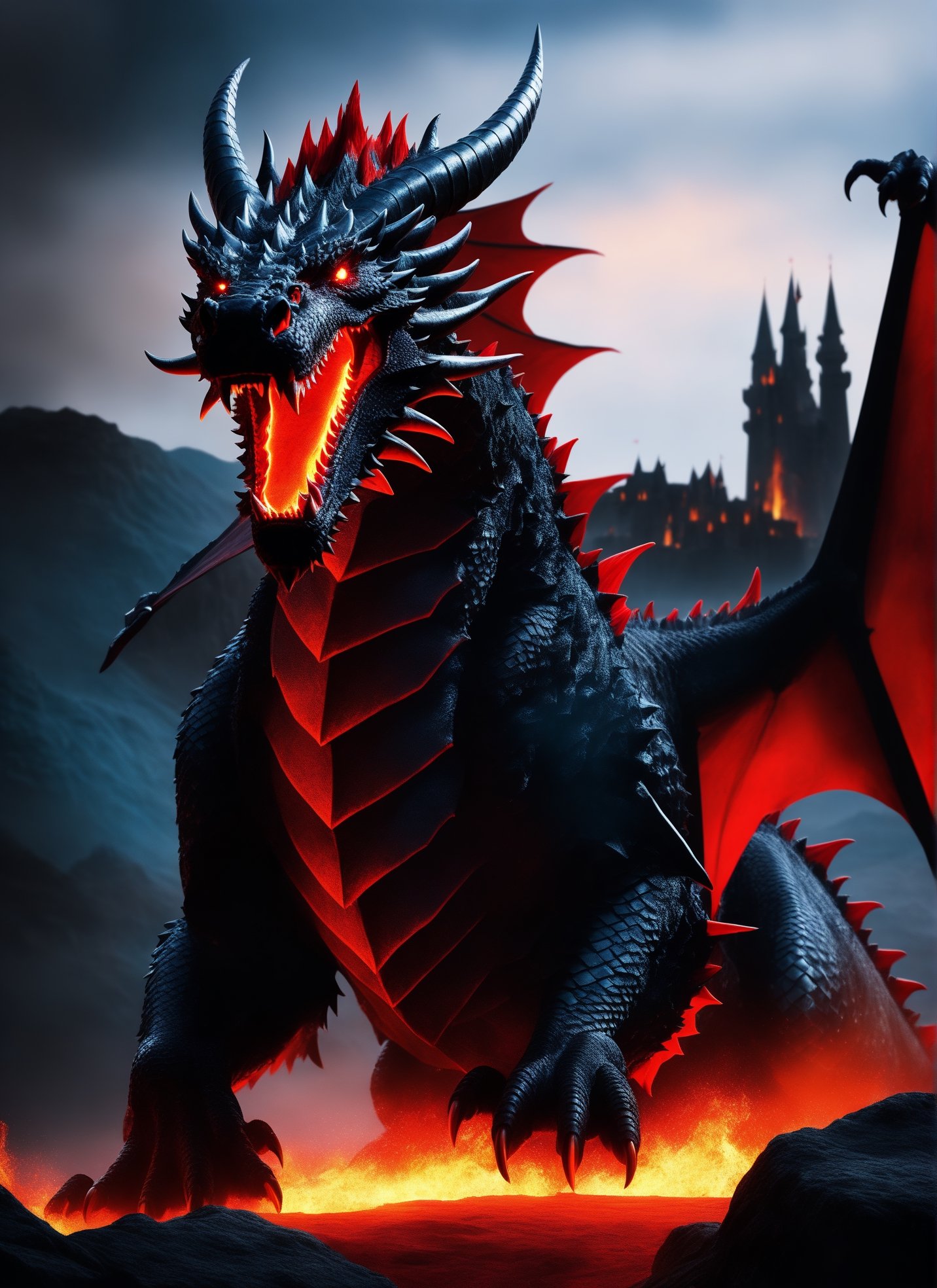  photograph of fearsome dragon, hellish background with castle in sight, cool, asthetic, ,full dragon in frame, full dragon in picture, red glowing eyes, dark setting, lava flowing from castle, highly detaited, 8k, 1000mp,ultra sharp, master peice, realistic, detailed body, 4k body, 4k detailed, beautiful lighting,