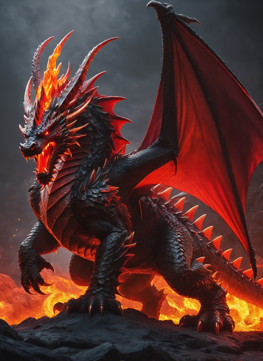 ((giant monstrous 3 headed red dragon)), movie scene, knight fighting dragon, lava, flaming tail, lava sputtering from ground, cool, red glowing eyes (masterpiece), (extremely complex: 1.3), highly detaited, 8k, 1000mp, ultra sharp, realistic, detailed body, 4k body, 4k detailed, beautiful lighting, (fully body in frame), castle,