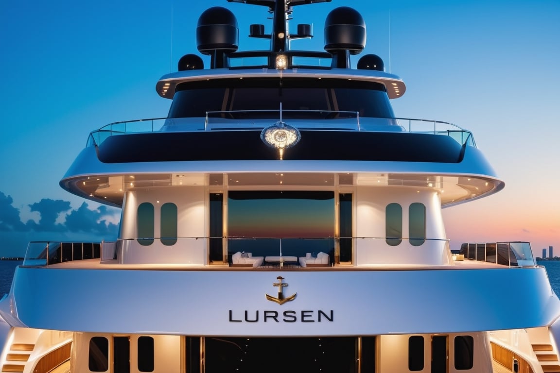 RAW photograph of mega yacht in Miami, cool, asthetic, ,full yacht in frame, full yacht in picture, by lurssen yachts, leviathanis logo, highly detaited, 8k, 1000mp,ultra sharp, master peice, realistic, detailed exterior, 4k body, 4k detailed, beautiful lighting, white exterior