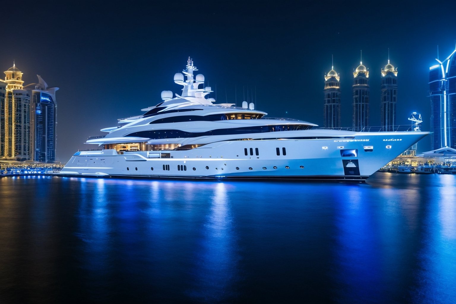 masterpiece, best quality, Wide angle product ultra detailed photo of a 156 meter super yacht docked in dubai marina. The yacht is ultra realistic. the weather is overcast, perfect simetry, ultra shaper, 35mm photography, professional, 8k, highly detailed, extremely realistic., Movie still, night time, blue led yacht lights in water, 3 levels only, helipad with helicopter shown static ,Extremely Realistic,Movie Still
