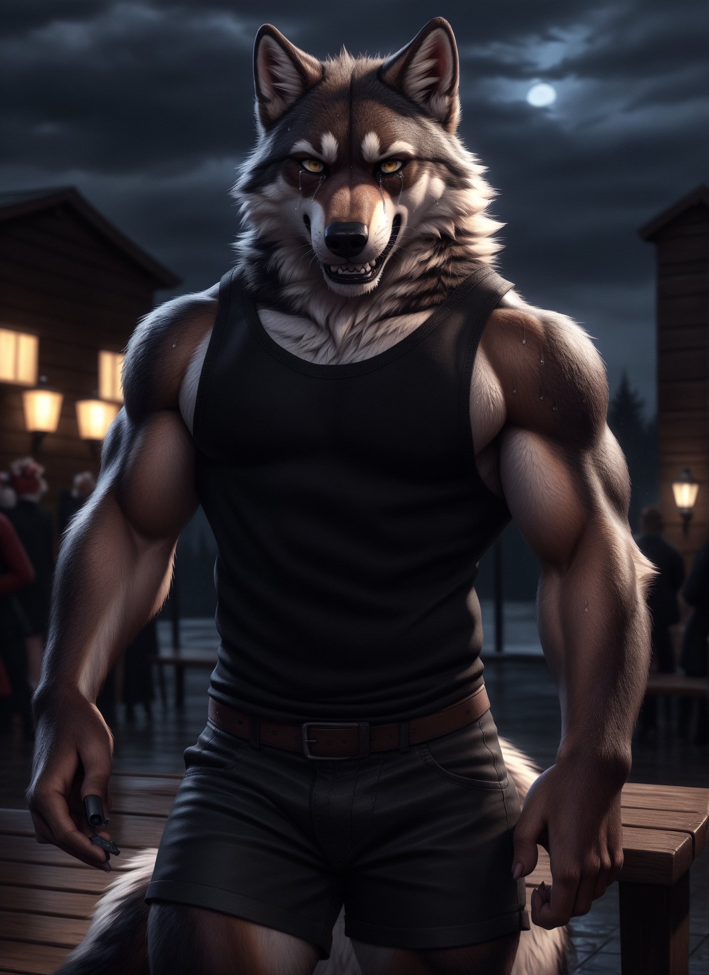 sad, depressed, realistic, anthropomorphic, muscular, anthro wolf with tail, yellow eyes, furry tail furry, (by personalami:0.5), zcik, (soft shading), 4k, hi res, detailed eyes, 8k eyes, eyes focus, colorful eyes, sweat, long tails, muscular, handsome, tails shown, anthro males in the background shown clearly, depressed expression, bruises on arms, standing in front of bench, gripping hand gun in hand, suicidal thoughts, rain pouring down, eerie weather, tears from eyes, tank top, shorts, face blush, crying out in rage, baring teeth, open mouth, rage face