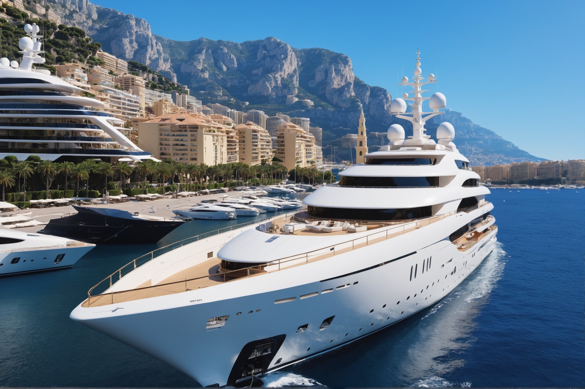 156m long mega yacht docked in monaco marina, cool, full yacht in frame, long yacht, highly detaited, 8k, 1000mp, ultra sharp, master peice, realistic, detailed exterior, 4k body, 4k detailed, beautiful skyline scenery, realism, realistic yacht, 