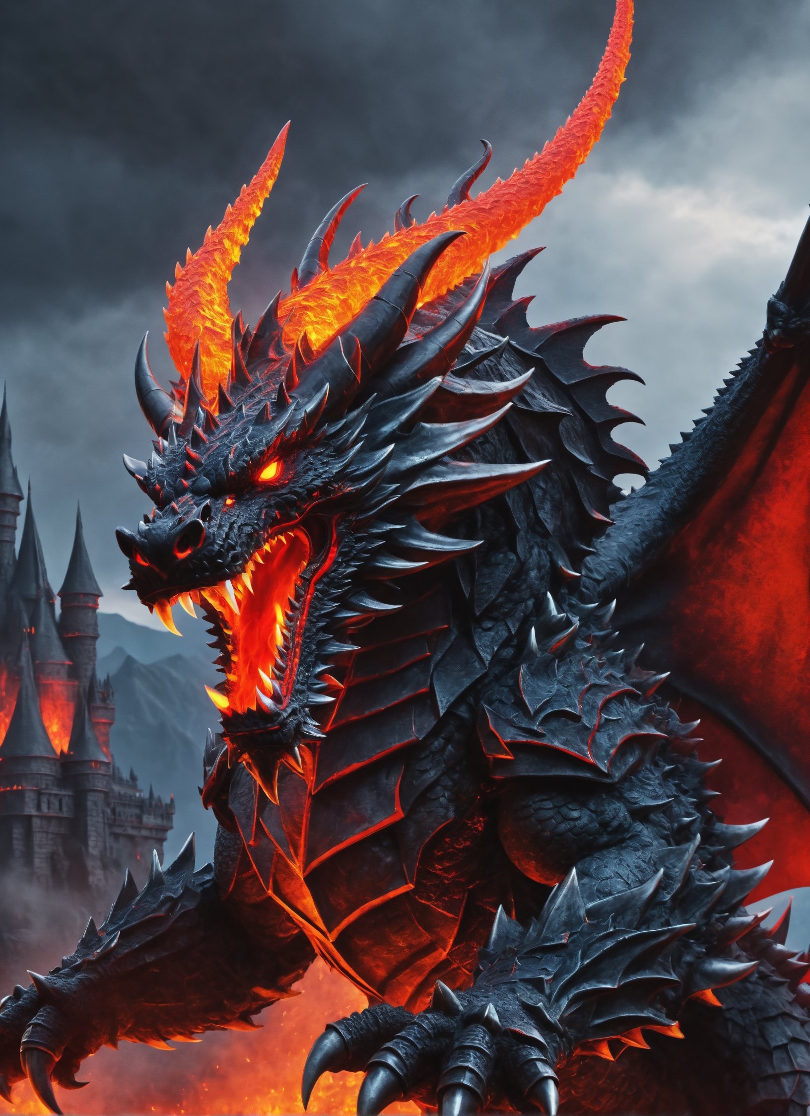 fearsome demon dragon, hellish background with castle in sight, cool, red glowing eyes (masterpiece), (extremely complex: 1.3), lava flowing from castle, highly detaited, 8k, 1000mp, ultra sharp, realistic, detailed body, 4k body, 4k detailed, beautiful lighting,