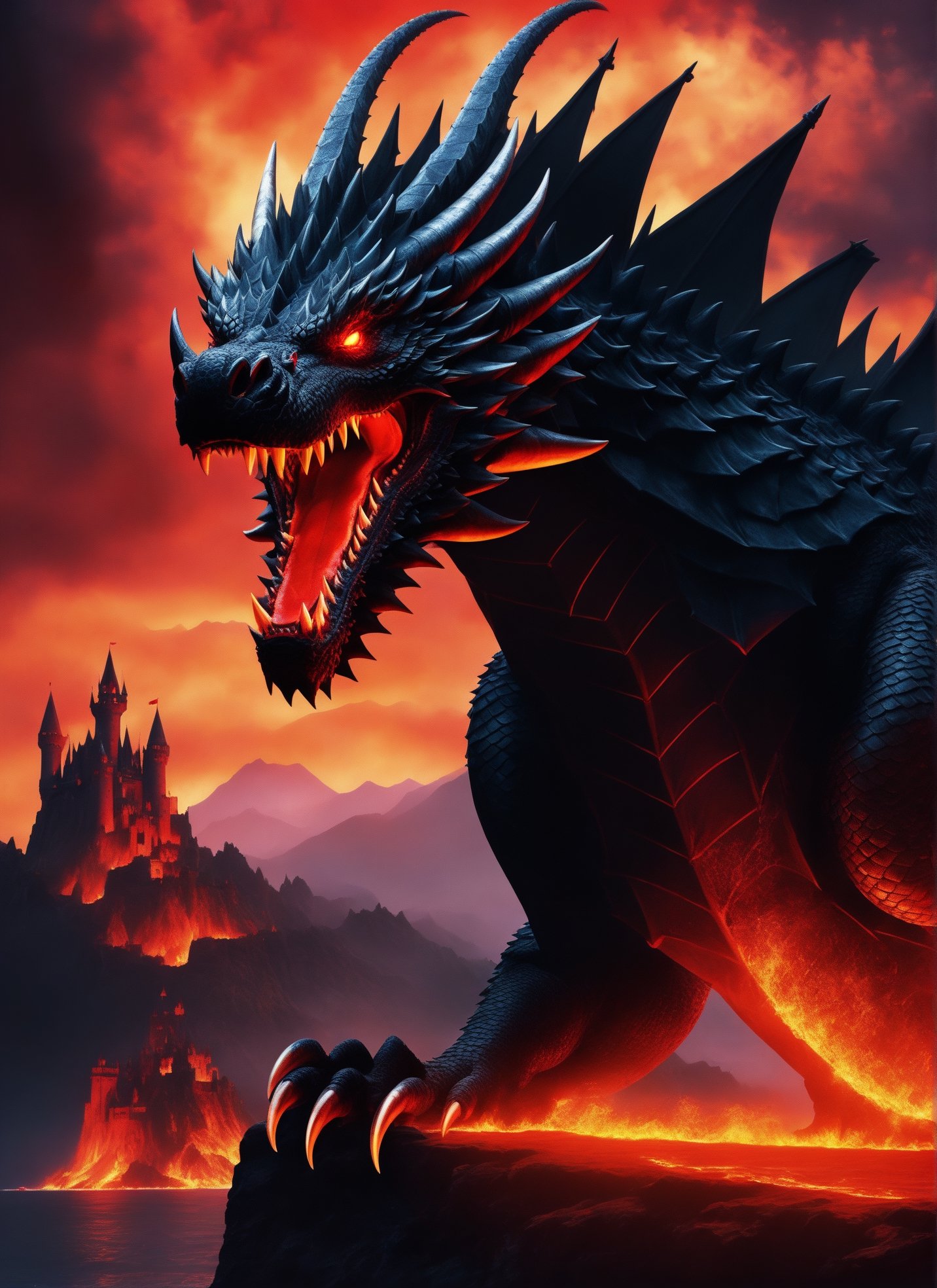  photograph of fearsome dragon, hellish background with castle in sight, cool, asthetic, ,full dragon in frame, full dragon in picture, red glowing eyes, dark setting, lava flowing from castle, highly detaited, 8k, 1000mp,ultra sharp, master peice, realistic, detailed body, 4k body, 4k detailed, beautiful lighting,