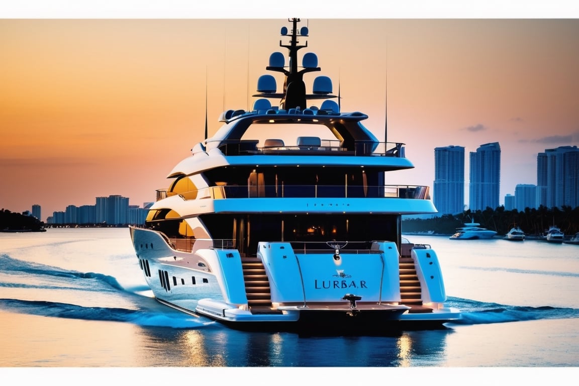 RAW photograph of mega yacht in Miami, cool, asthetic, ,full yacht in frame, full yacht in picture, by lurssen yachts, Dilbar logo, highly detaited, 8k, 1000mp,ultra sharp, master peice, realistic, detailed exterior, 4k body, 4k detailed, beautiful lighting, white exterior
