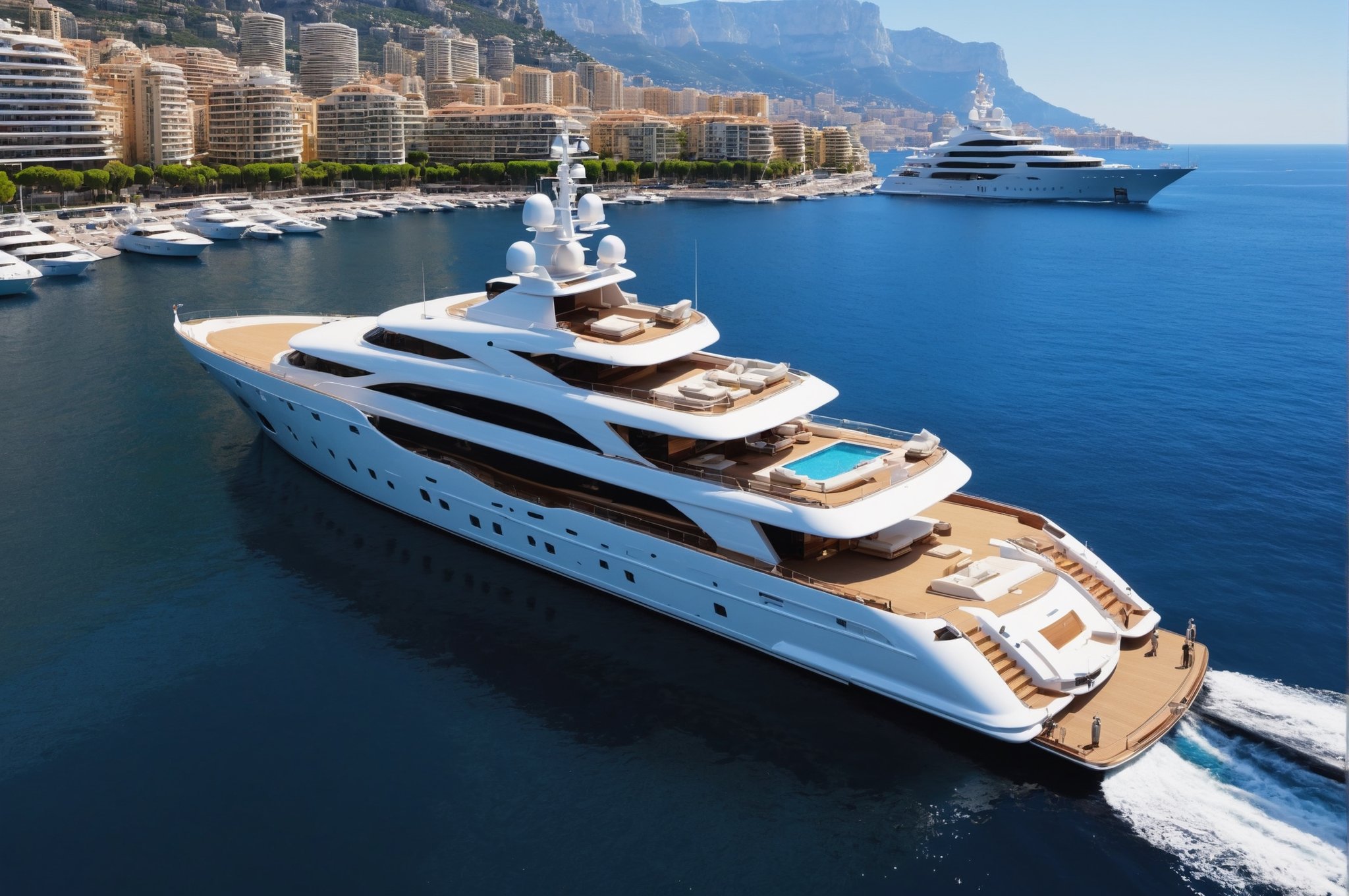 156m long mega yacht docked in monaco marina, cool, full yacht in frame, long yacht, highly detaited, 8k, 1000mp, ultra sharp, master peice, realistic, detailed exterior, 4k body, 4k detailed, beautiful skyline scenery, realism, realistic yacht, 