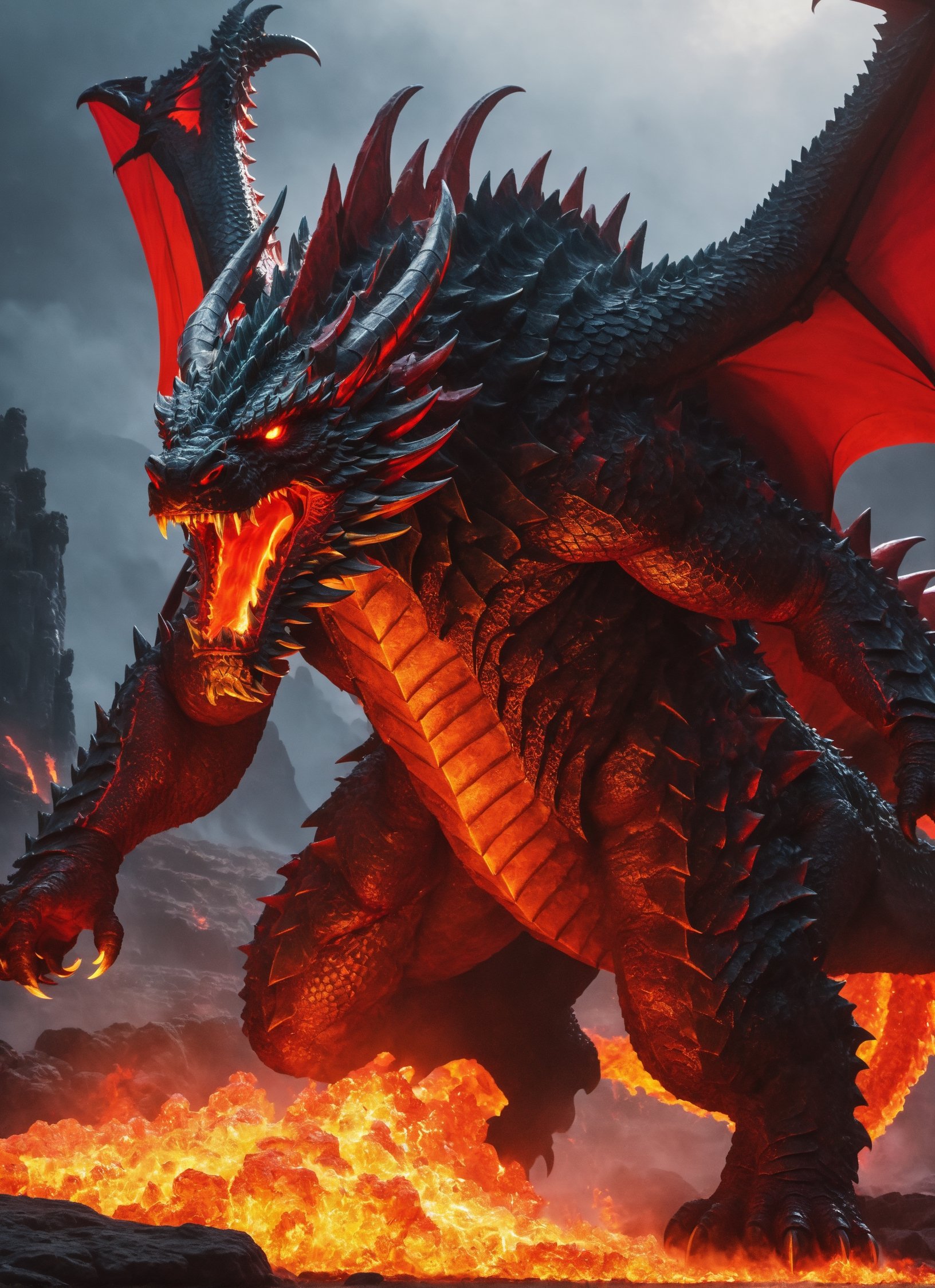 ((giant monstrous 3 headed red dragon)), movie scene, knight fighting dragon, lava, flaming tail, lava sputtering from ground, cool, red glowing eyes (masterpiece), (extremely complex: 1.3), highly detaited, 8k, 1000mp, ultra sharp, realistic, detailed body, 4k body, 4k detailed, beautiful lighting, (fully body in frame), castle,