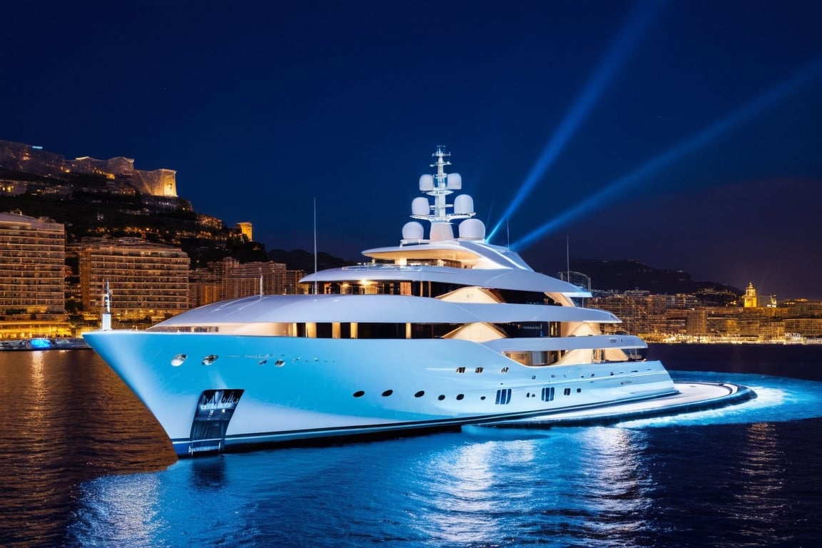 masterpiece, best quality, Wide angle product ultra detailed photo of a 156 meter super yacht in monaco. The yacht is ultra realistic. the weather is overcast, perfect simetry, ultra shaper, 35mm photography, professional, 8k, highly detailed, extremely realistic., Movie still, night time, blue led yacht lights, 3 levels only, helipad with helicopter shown static 