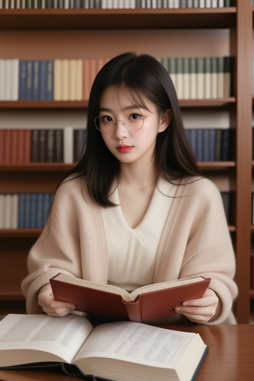 Imagine a captivating photo-style scene featuring a young Korean girl in a library setting. The girl is elegantly dressed, exuding intelligence and sophistication. She may wear stylish glasses, indicating her studious nature. The library is well-lit with natural light, featuring rows of bookshelves filled with books of various genres. The atmosphere is serene, fostering a conducive environment for studying and reading. The girl could be engrossed in a book, studying at a table, or even exploring the library shelves. Capture the essence of a quiet and intellectual moment in a modern Korean library, highlighting the blend of contemporary fashion and scholarly pursuits. Aim for a visually appealing representation with attention to details that evoke the ambiance of a stylish library.

