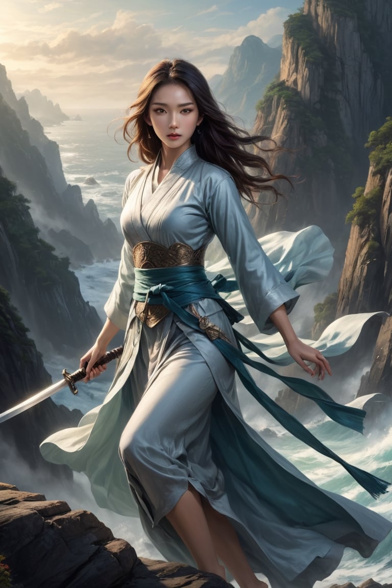 perfect face, beautiful eyes, delicate lips, Chinese swordswoman, holding a big long sword, elegant clothing, standing on a rocky cliff, rough waves below the cliff, sunlight filtering through the clouds, dramatic lights and shadows, bright colors, sonorous and powerful gestures, following the wind flowing hair, poised, Chinese landscape painting, realistic, best quality, 4k, 8k