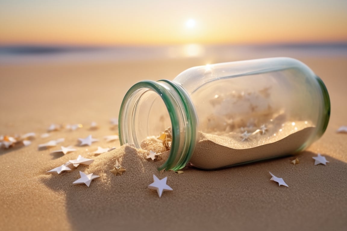 (Movie photo style high quality: 1.2), super detailed, (sand grains cover half of the glass bottle: 1.5), bottle filled with small (paper stars: 1.5), lying on the beach, beach landscape, sunset, crystal clear glass, Beach, subtle wavy water, sparkling sand, tiny seashells, gentle breeze, relaxing atmosphere, dreamy scene, tranquil environment, lens flare, macro shot