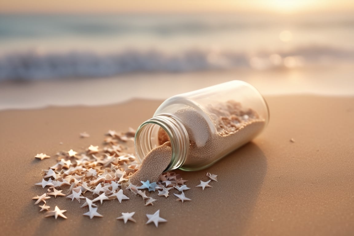 (Movie photo style high quality: 1.2), super detailed, (sand grains cover half of the glass bottle: 1.5), bottle filled with small (paper stars: 1.5), lying on the beach, beach landscape, sunset, crystal clear glass, Beach, subtle wavy water, sparkling sand, tiny seashells, gentle breeze, relaxing atmosphere, dreamy scene, tranquil environment, lens flare, macro shot