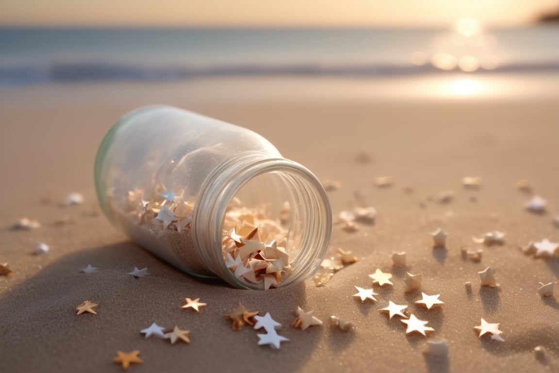 (Movie photo style high quality: 1.2), super detailed, (sand grains cover half of the glass bottle: 1.5), bottle filled with small (paper stars: 1.5), lying on the beach, beach landscape, sunset, crystal clear glass, Beach, subtle wavy water, sparkling sand, tiny seashells, gentle breeze, relaxing atmosphere, dreamy scene, tranquil environment, lens flare, macro shot