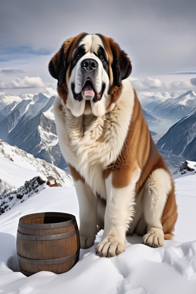 A giant St. Bernard dog, Tied with a wooden barrel from his body, stands guard on a snow-covered mountain in Switzerland. The stunning scene was captured in ultra-high definition.