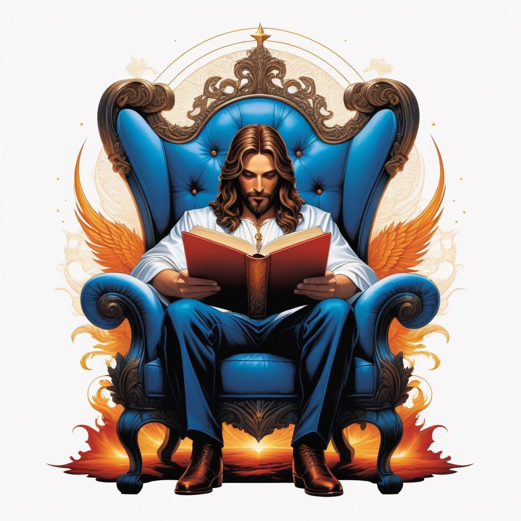 T-SHIRT DESIGN, BOALD DRAWING PEN AND INK, DETAILED LINES, A photorealistic and fantasy image of A moderately dressed up JESUS sitting in an armchair reading a book., a formidable creature with sparks and power centered, symmetry, painted, intricate, volumetric BLUE CLOUDS AND lighting, beautiful, rich deep colors masterpiece, sharp focus, ultra detailed, in the style of dan mumford and marc simonetti, astrophotography, insanely detailed, 4k, trending on artstation, trending on artstation, sharp focus, studio photo, intricate details, highly detailed, by greg rutkowski, trending on artstation, intricate details, highly detailed, by greg rutkowski, WHITE BACKROUND, t- shirt design, bold drawing lines, define lines, highly detailed, , 4k, digital painting, vector, color pallete of red, orange, WHITE, blue bright color, fantasy art definition, intricat details, centered isometrict, logo style, tattoo designs, white backround