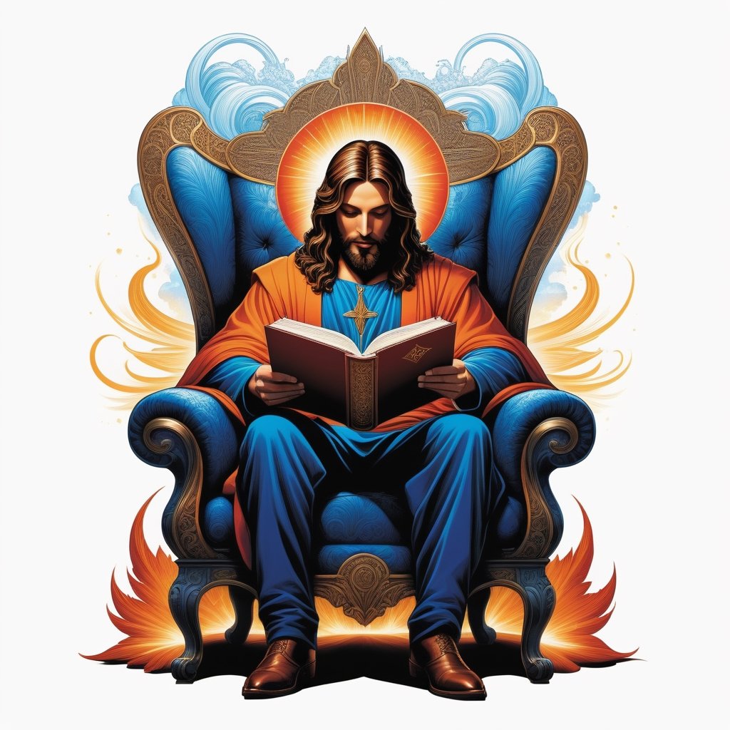 T-SHIRT DESIGN, BOALD DRAWING PEN AND INK, DETAILED LINES, A photorealistic and fantasy image of A moderately dressed up JESUS sitting in an armchair reading a book., a formidable creature with sparks and power centered, symmetry, painted, intricate, volumetric BLUE CLOUDS AND lighting, beautiful, rich deep colors masterpiece, sharp focus, ultra detailed, in the style of dan mumford and marc simonetti, astrophotography, insanely detailed, 4k, trending on artstation, trending on artstation, sharp focus, studio photo, intricate details, highly detailed, by greg rutkowski, trending on artstation, intricate details, highly detailed, by greg rutkowski, WHITE BACKROUND, t- shirt design, bold drawing lines, define lines, highly detailed, , 4k, digital painting, vector, color pallete of red, orange, WHITE, blue bright color, fantasy art definition, intricat details, centered isometrict, logo style, tattoo designs, white backround