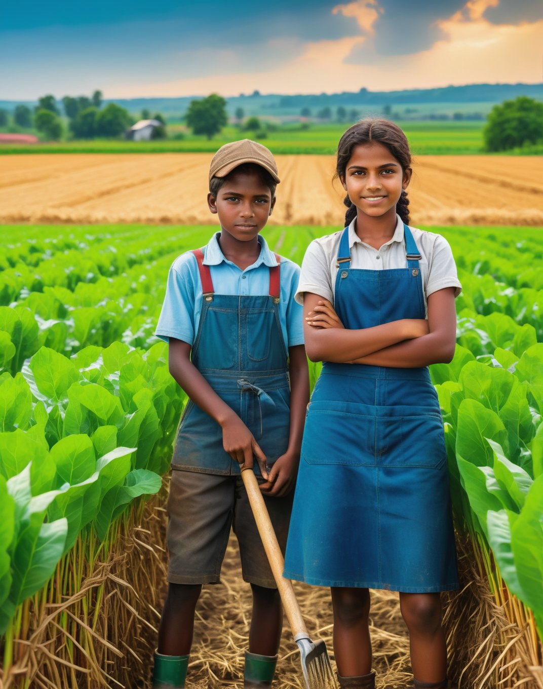 "Create an image featuring a 15-year-old boy and girl working together in a field. The boy is focused and diligent, holding farming tools, with a backdrop of green crops. The girl is also engaged in farm work, her expression reflecting determination and resilience. Surround them with the vibrant colors of the agricultural landscape, capturing the essence of teamwork and rural life."