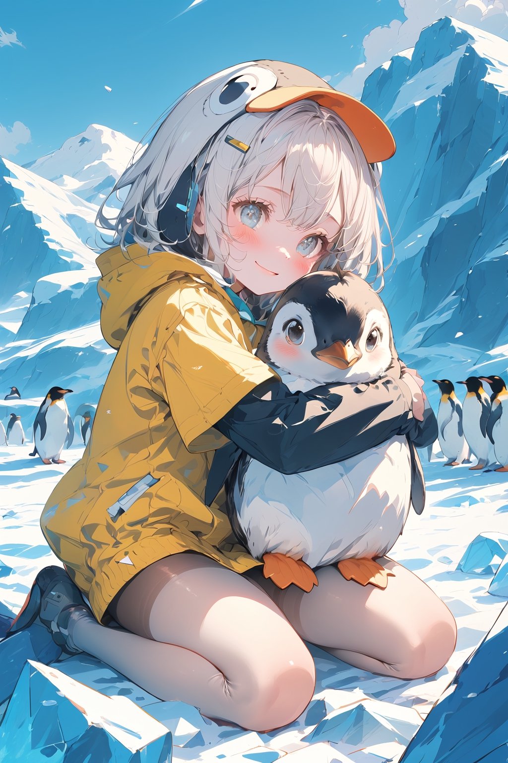 //quality, (masterpiece:1.331), (detailed), ((,best quality,)),//,1girl,(loli:1.1),(penguin_girl:1.3)//,white hair,detailed eyes,//,(penguin costume:1.3),(black and white penguin hood:1.4),(hood_up:1.1),pantyhose,
,//,blush, happy_face,light smile,//,kneeling,(hugging_penguin:1.3),//, ((penguins,lots of penguins,surrounding by penguins)),scenery,ice,ice land,ice mountain,emo