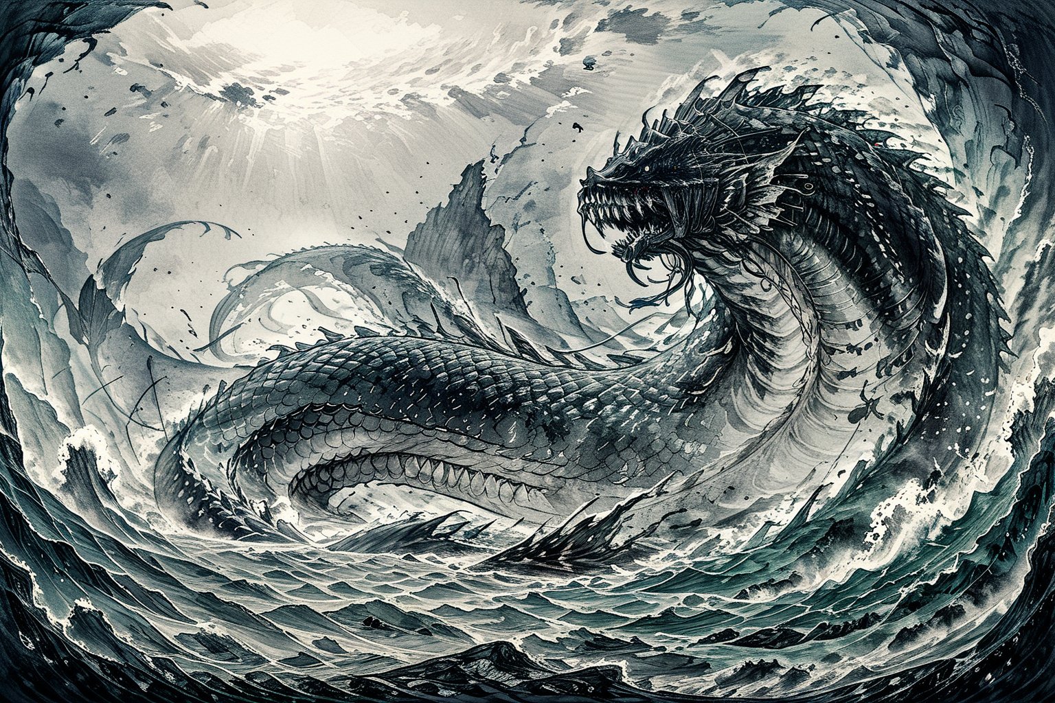 //quality, masterpiece:1.4, detailed:1.4,best quality:1.4,//,horror, terrible,giant sea monster,leviathan a sea monster,fangs,deep sea,dark sea,wide shot,no humans,scenery,ink,ink smike background, 