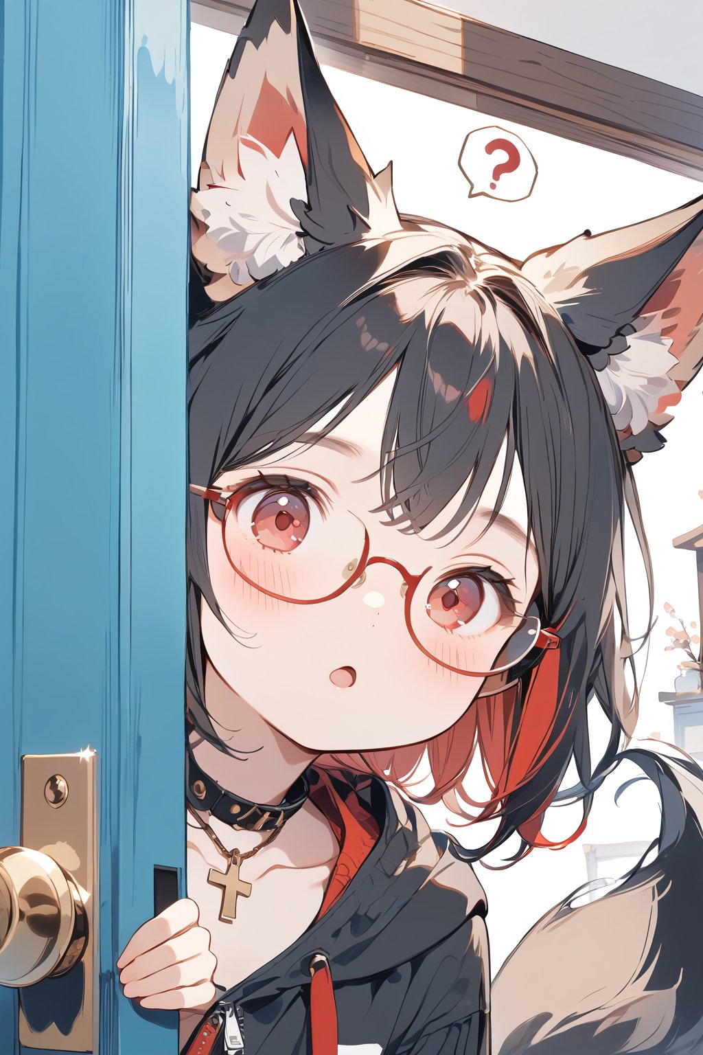 //quality, masterpiece:1.4, detailed:1.4, ,best quality:1.4, //, 1girl,solo,Tekeli,//,black fox ears,animal ear fluff,black fox tail,black hair,red inner hair,short ponytail,sidelocks,red eyes,collarbones,small_chest,//,fashion,red_glasses,cross_necklace, black hoodie,hood_down,//,blush,expressionless,mouth_open,:o,looking_at_viewer,looking_down,//,close up portrait,(spoken_question_mark),?,??,opening door,//,indoor, detailed home background,(blue door),straight-on,(peeking out upper body),