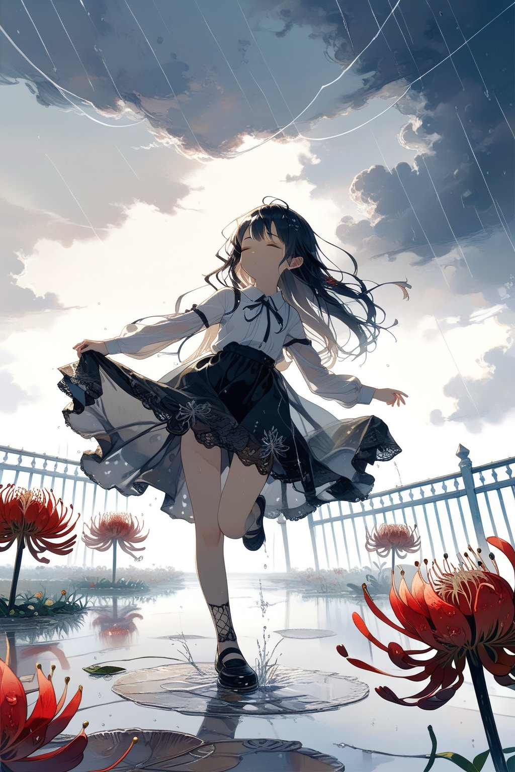 //quality, masterpiece:1.4, detailed:1.4,best quality:1.4,//(heavy raining),night, (cloudy),fog, spider_lily_(flower),(garden),puddle,fence,//,1girl,solo,(loli),//, black_hair,long hair, straight_hair,sidelocks,(closed_eyes),//,(black dress), white shirt,bow,long_sleeves,(white sleeves),black shoes,(wet),wet hair,wet clothes,wet legs,//,closed_mouth, blush,glommy face,//,(dancing),one_leg_raised,//,(straight-on),Deformed,