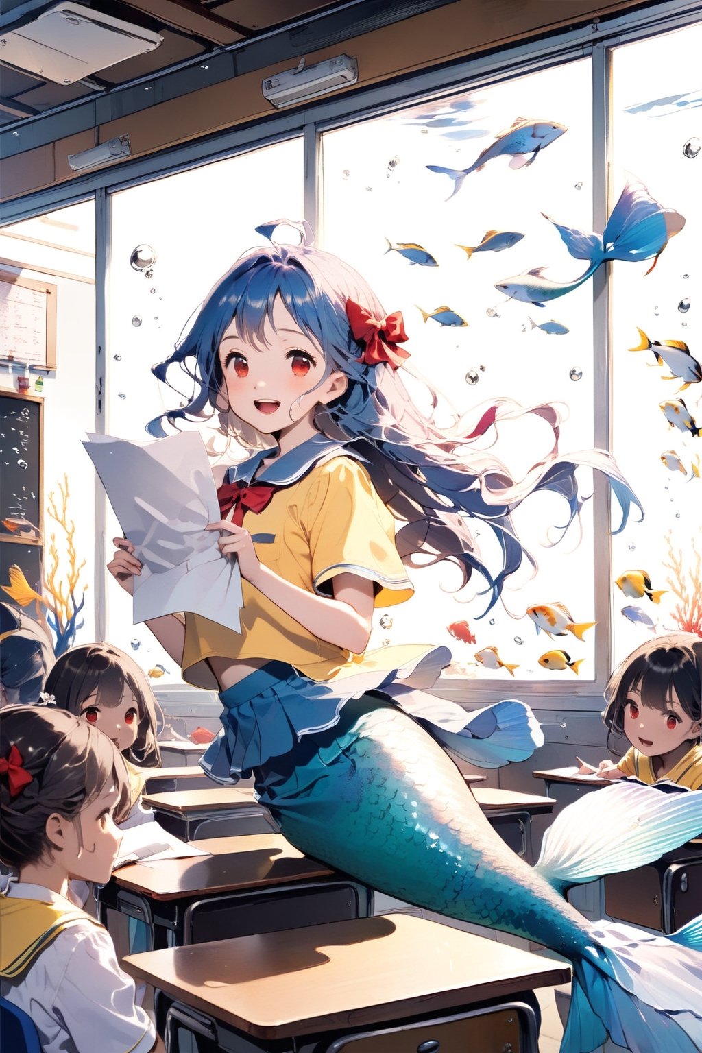 //quality, (masterpiece:1.4), (detailed), ((,best quality,)),//1girl,(mermaid:1.4),(loli:1.3), child,cute,//,(blue_hair:1.3),ahoge,floating_hair, detailed_eyes,(red eyes:1.2),//,bows,frilled,(yellow kindergarten uniform:1.3), yellow dress,//,smile,mouth_open,teeth,//,(holding paper:1.1),(facing_viewer, straight-on:1.4),//,(classroom:1.4), (back_against_wall:1.1), (blackboard:1.3),(indoors:1.3),detailed room, (underwater:1.2),(fish:1.2), bubbles,close_up,( comic of talking:1.4),mermaid audience