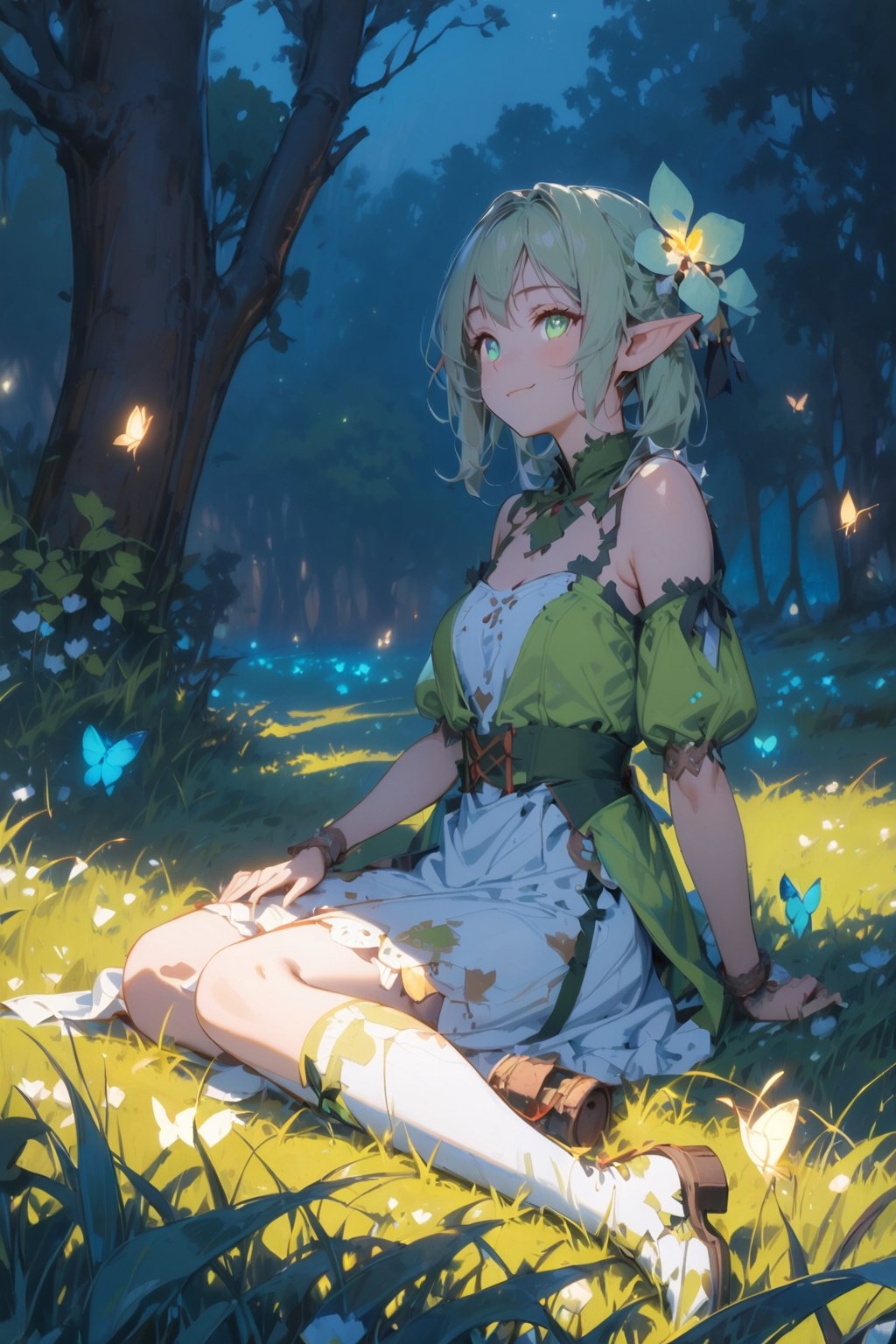 //quality, (masterpiece:1.4), (detailed), ((,best quality,))//,1girl,(elf:1.3),//,light_green_hair,hair_flowers,beautiful detailed eyes,glowing eyes,(green eyes:1.2),//,ethereal clothes,//,light smile,//, sitting on grassland,//, forest, flowers, (firefly:1.3) ,glow,(night:1.21),scenery