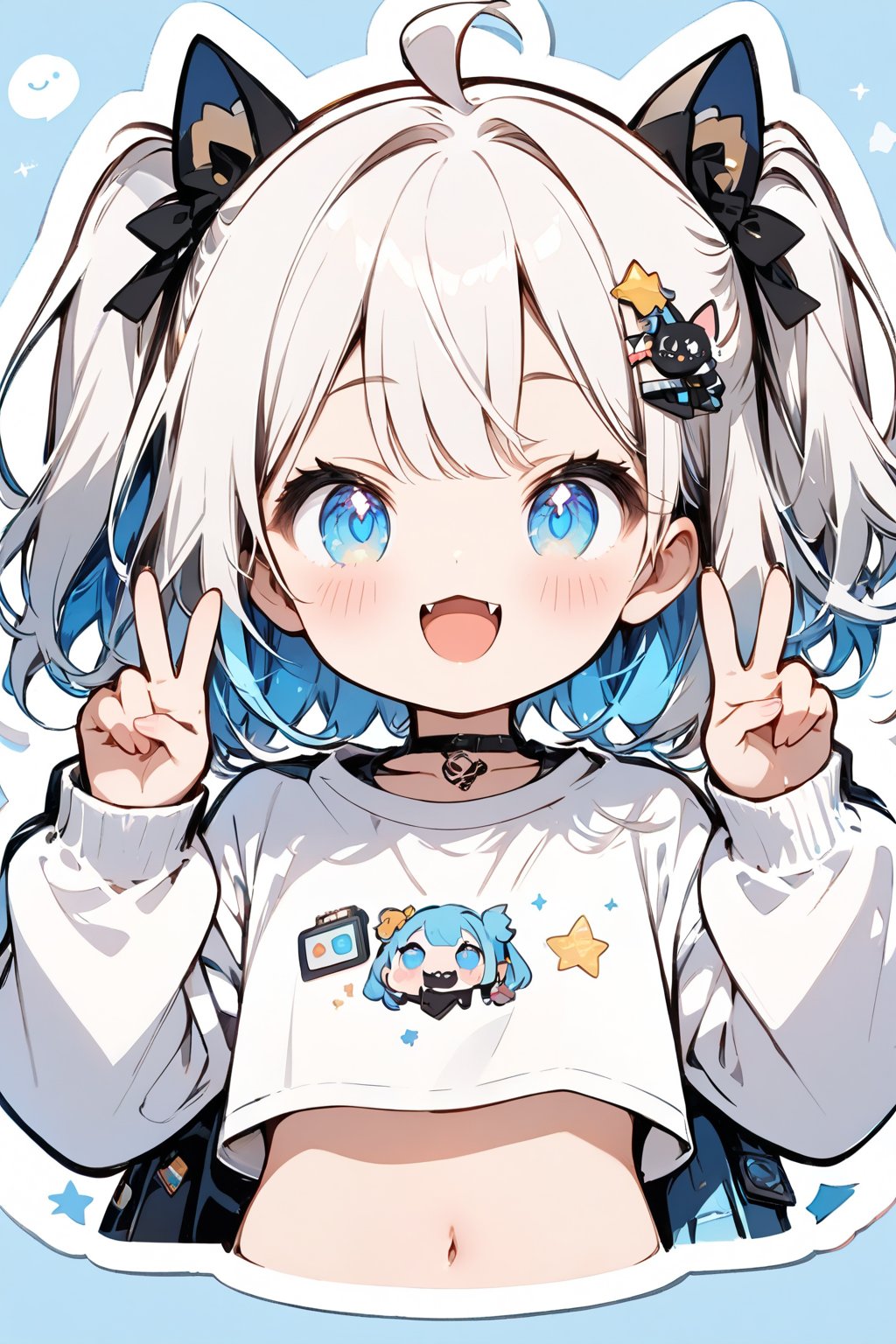 ✧*｡٩(ˊᗜˋ*)و✧*｡The TensorArt-chan//,quality, masterpiece:1.4, detailed:1.4, best quality:1.4,//,1girl,solo,loli,cute,//,(short twintails),two side up,white hair,blue inner hair,ahoge,hair accessories,small chests,blue eyes,beautiful detailed eyes,glowing eyes,navel,//fashion,crop top,white top wear with logos,long sleeves,blue skirt,//,blush,smile,cute_fangs,looking at viewer, straight-on,hands_up,v,v-sign,,//,blue_background,simple_background,close up portrait,upper_body,stickers,outline ,Deformed,sticker,chibi,chibi style,((Chibi character)),top wear with title text read as "TENSORART"