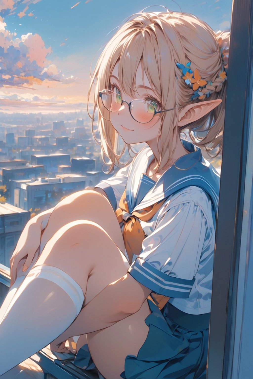 //quality, masterpiece:1.4,detailed:1.4,best quality:1.4, //,1girl, solo,//,elf,elf_ears,(dark skin),blonde_hair,straight_hair,french_braid,sidelocks,light green eyes,detailed eyes,(large chest),//,(glasses),hair_accessories,sailor_collar,white school uniform,(white stockings),//,light smile,closed_mouth,blush,//,sitting on window,hugging own legs,feet up,knee_up,,//,school,(sunset),backlighting,aesthetic,Colorful art,Vivid Colors,outdoors, building, cityscape,scenery